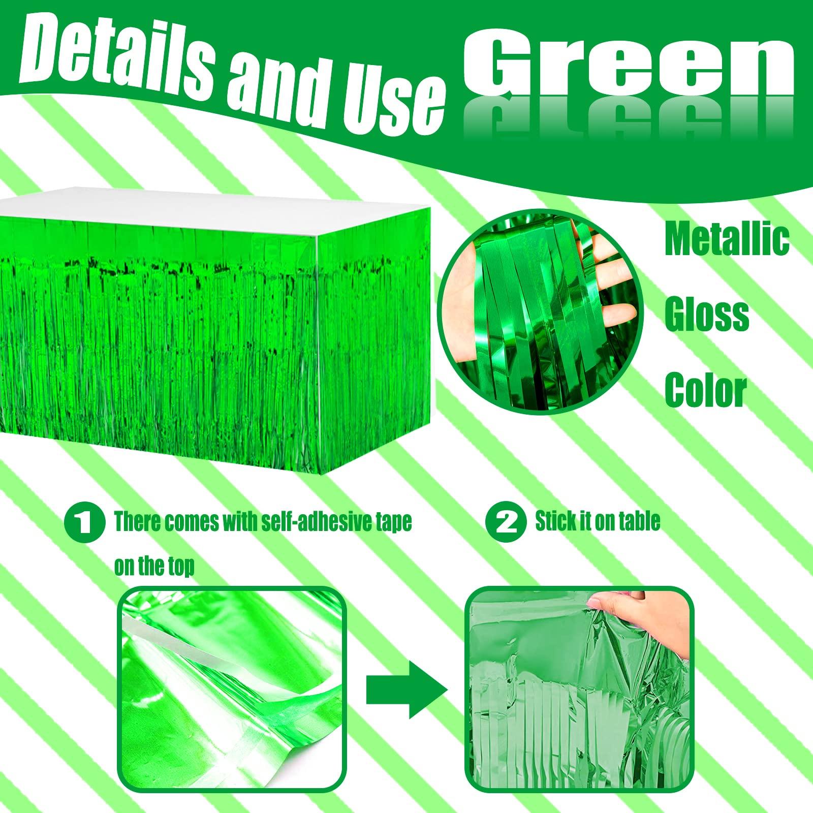 Clayghsen 4 Pack 29x108 Inch Metallic Foil Fringe Tinsel Table Skirts for Rectangle Tables Streamer Curtains Backdrop for Wedding, Birthday, Parade Floats, Christmas, Halloween Party Decoration(Green)