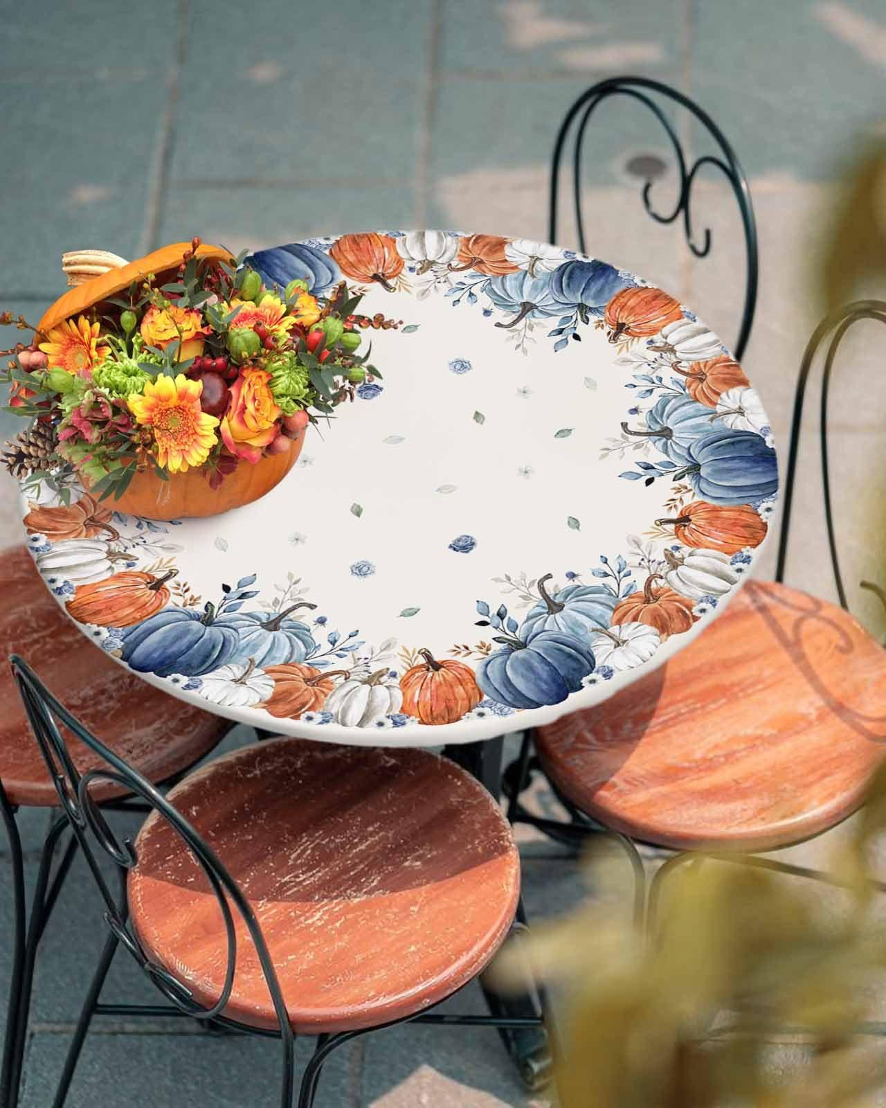 Chucoco Thanksgiving Round Table Cover with Elastic Edge,Fall Pumpkin Fitted Tablecloth for Round Tables,Autumn Farm Harvest Oil Proof Waterproof Table Cloth for Kitchen Party Holiday Outdoor Picnic 55-60in