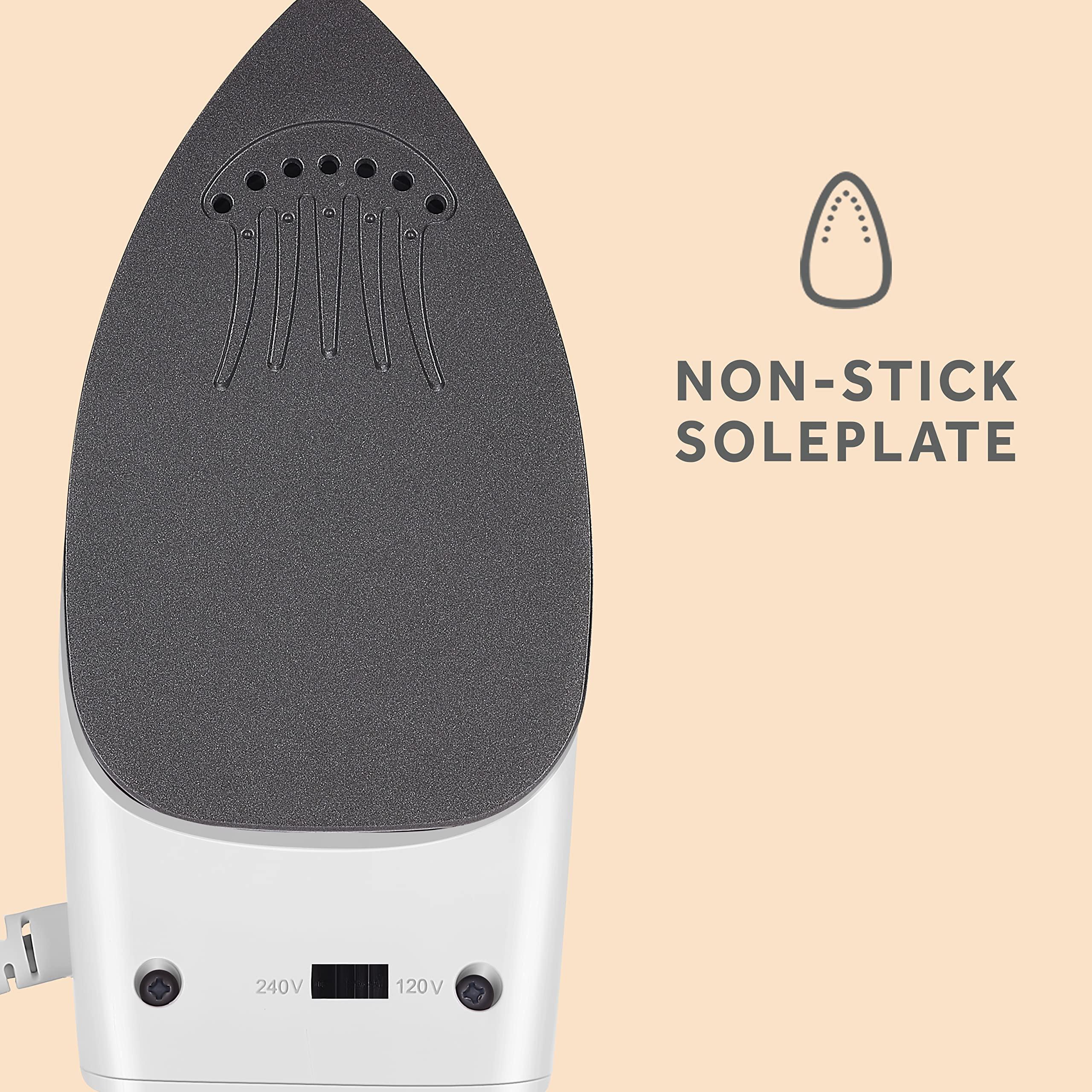 Sunbeam Sunbeam Hot-2-Trot Travel Steam Iron, 800 Watt Dual Voltage 120/240, Compact Size, Portable, Non-Stick Soleplate, Soft Touch Handle, Horizontal or Vertical Use, White and Blue