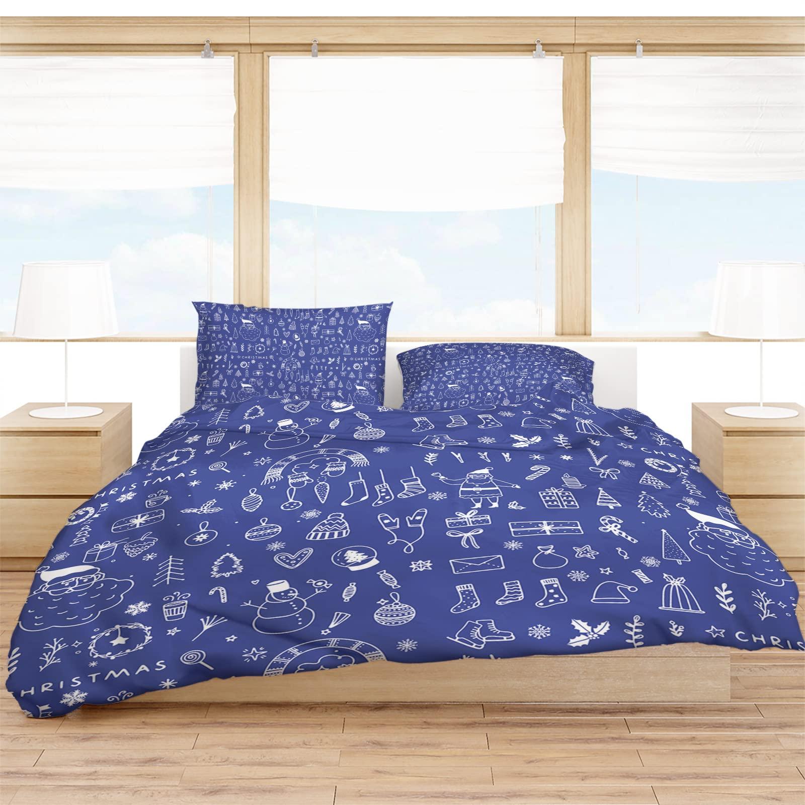 Debedcor Cal. King Comforter Covers Sets Blue Christmas 4 Piece Duvet Cover Set Lightweight Microfiber Soft Bedding Set for Adult Teen, Xmas Tree Candy Santa Christmas Stockings