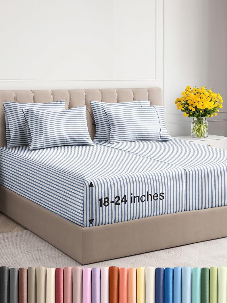 CGK Unlimited Extra Deep Split King Sheet Set - 7 Piece Breathable & Cooling Sheets - Hotel Luxury Bedding Set 18-24 Inch Extra Deep Pockets - Easy Fit, Soft, Wrinkle Free & Comfy - Blue Stripes, Split King Size