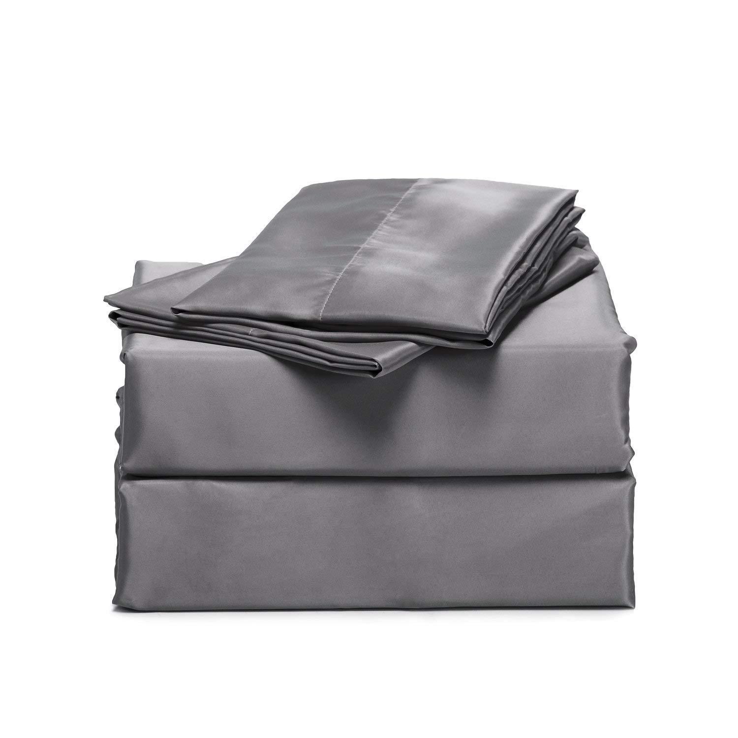 Impression Bedding Silk Satin Sheets Set | Silk Satin Sheets Set Super Queen | Super Queen Sheets Set Dark Grey | Silk Fitted Sheet 24 Inch Deep Pocket | 4 Pc Sheet Set | Silk Flat Sheet & Pillowcases Set.