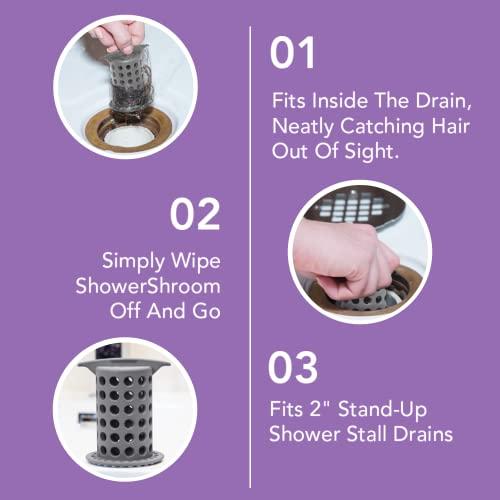 ShowerShroom ShowerShroom the Revolutionary 2\" Stand-Up Shower Stall Drain Protector Hair Catcher/Strainer, Gray , 1 Count ( Pack of 1)