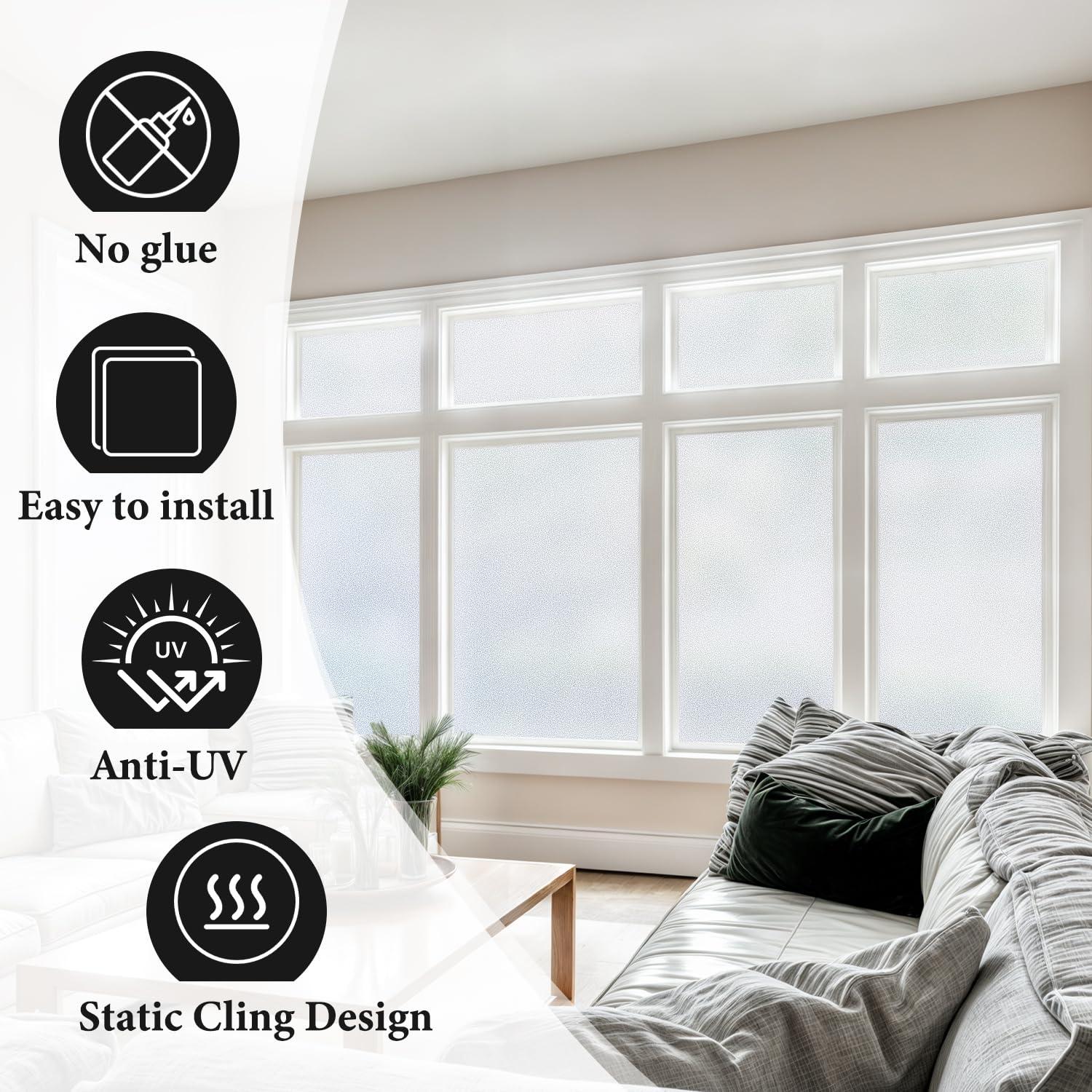 DUOFIRE DUOFIRE Privacy Window Film Natural Frosted Glass Film Static Cling Glass Film No Glue Anti-UV Window Sticker Non Adhesive for Privacy Office Meeting Room Bathroom Living Room 47.2in. x 157.4in. S001