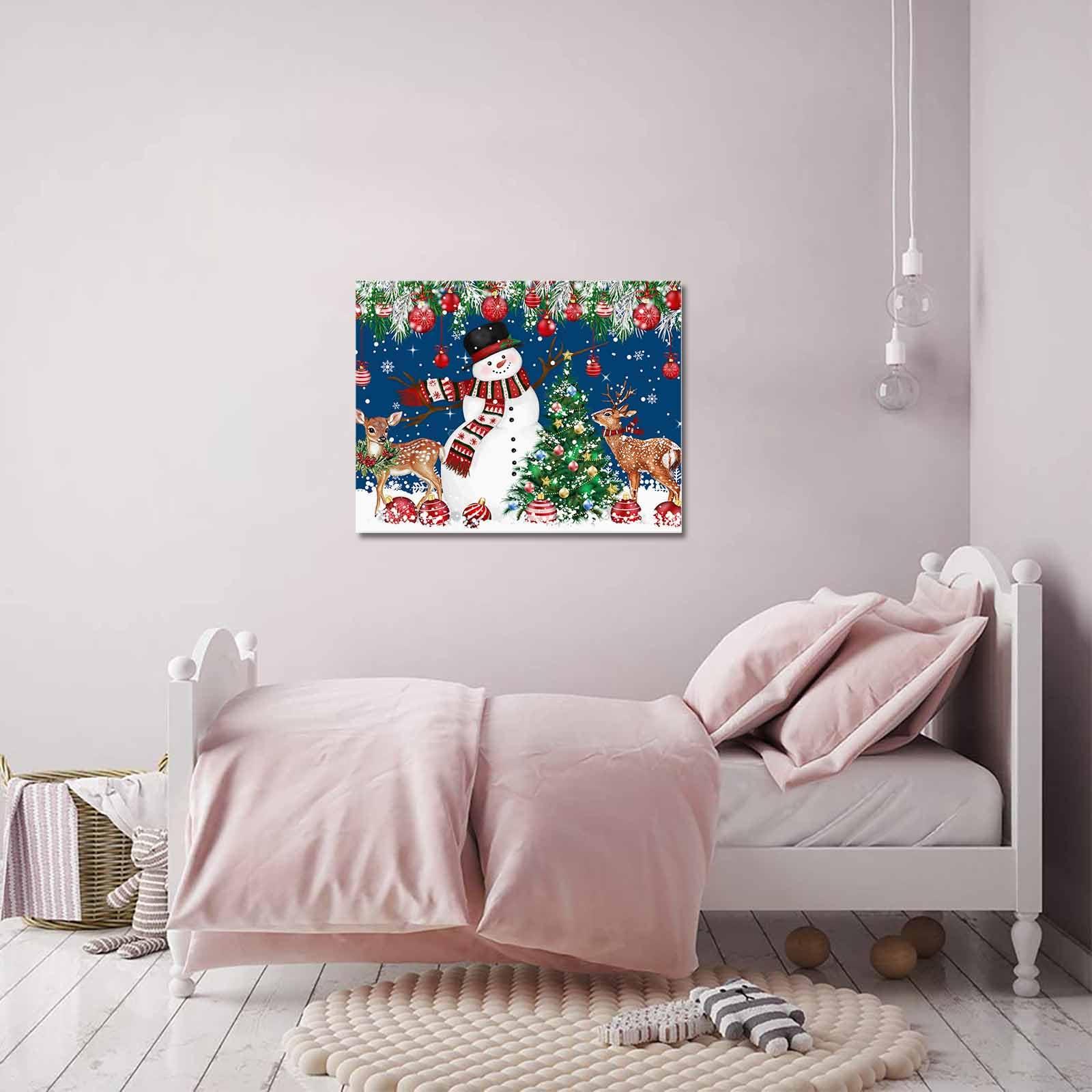 Chucoco Christmas Snowman Elk Bell Xmas Tree on Blue Pictures Paintings on Canvas Wall Art Stretched and Framed Ready to Hang for Home Decorations Snow Fir Leaves Artwork Prints 20x24in