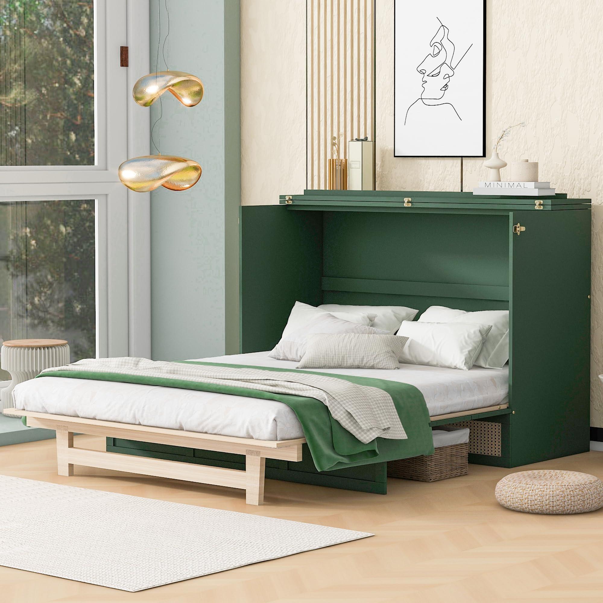 Tdewlye Tdewlye Stylish Versatility Queen Size Murphy Bed, Murphy Cabinet Bed with Large Drawer, Can Be Foldable, Space Saving, Wooden Low Bedframe for Bedroom, Apartment (Green-rr)