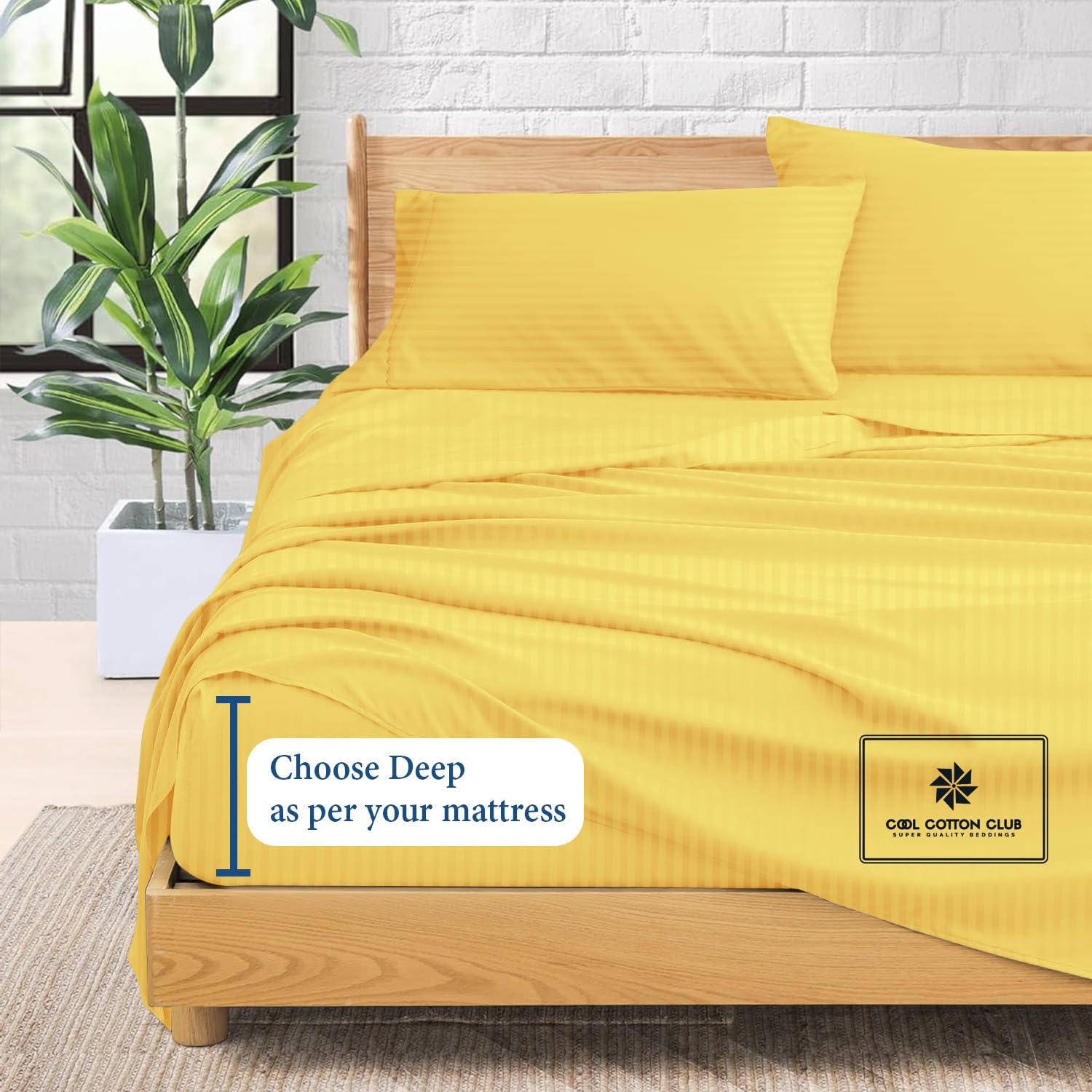 Cool Cotton Club Supima ELS Cotton Sheets, Queen Sheet Set Real 400 Thread Count Luxury 4 PC Bedding Set, Hotel Quality Sateen Weave, fits up to 7-9\" Elasticized Deep Pocket (Stripe, Gold)