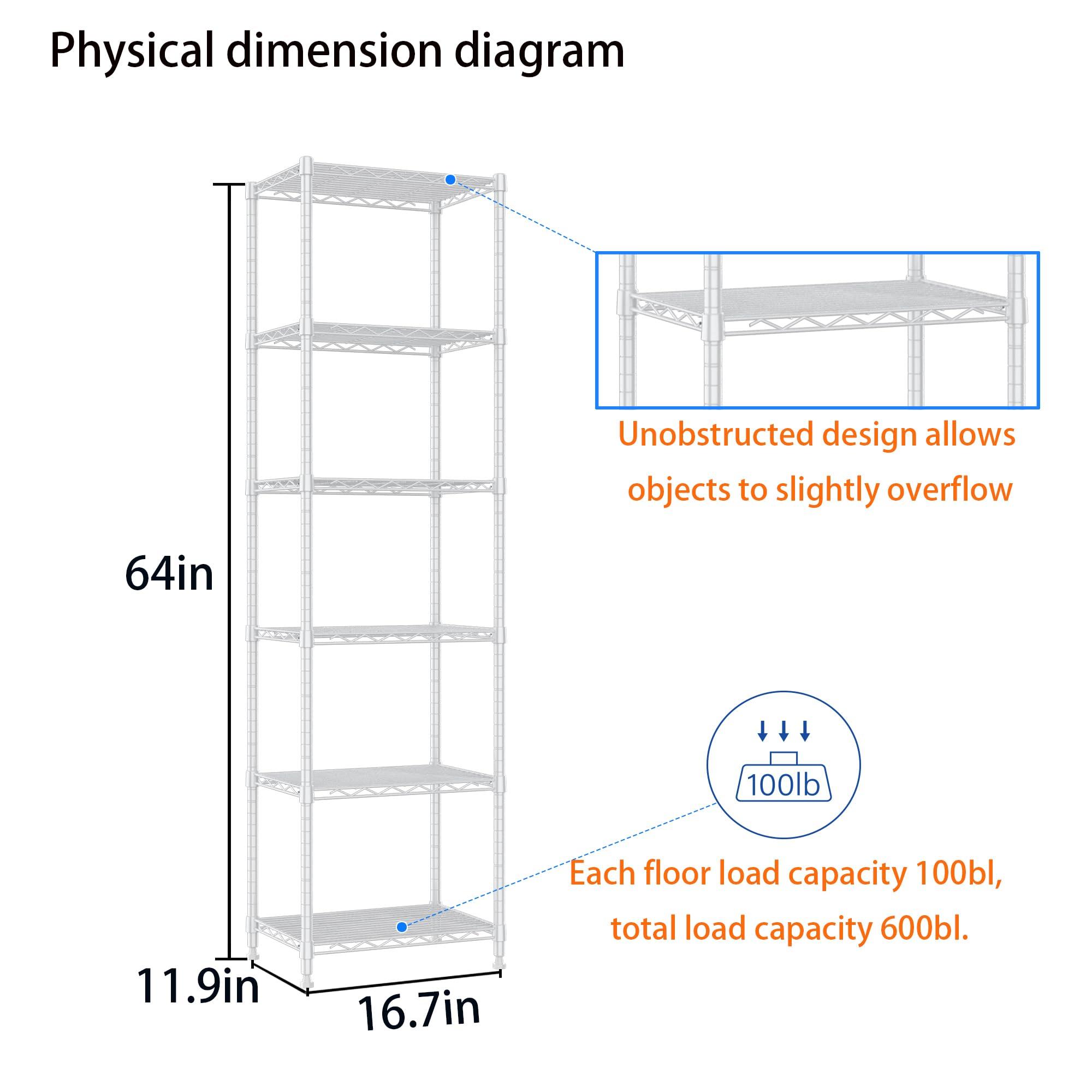 REGILLER REGILLER 6 Wire Shelving Steel Storage Rack Adjustable Unit Shelves for Laundry Bathroom Kitchen Pantry Closet (16.7L x 11.9W x 64H, White)