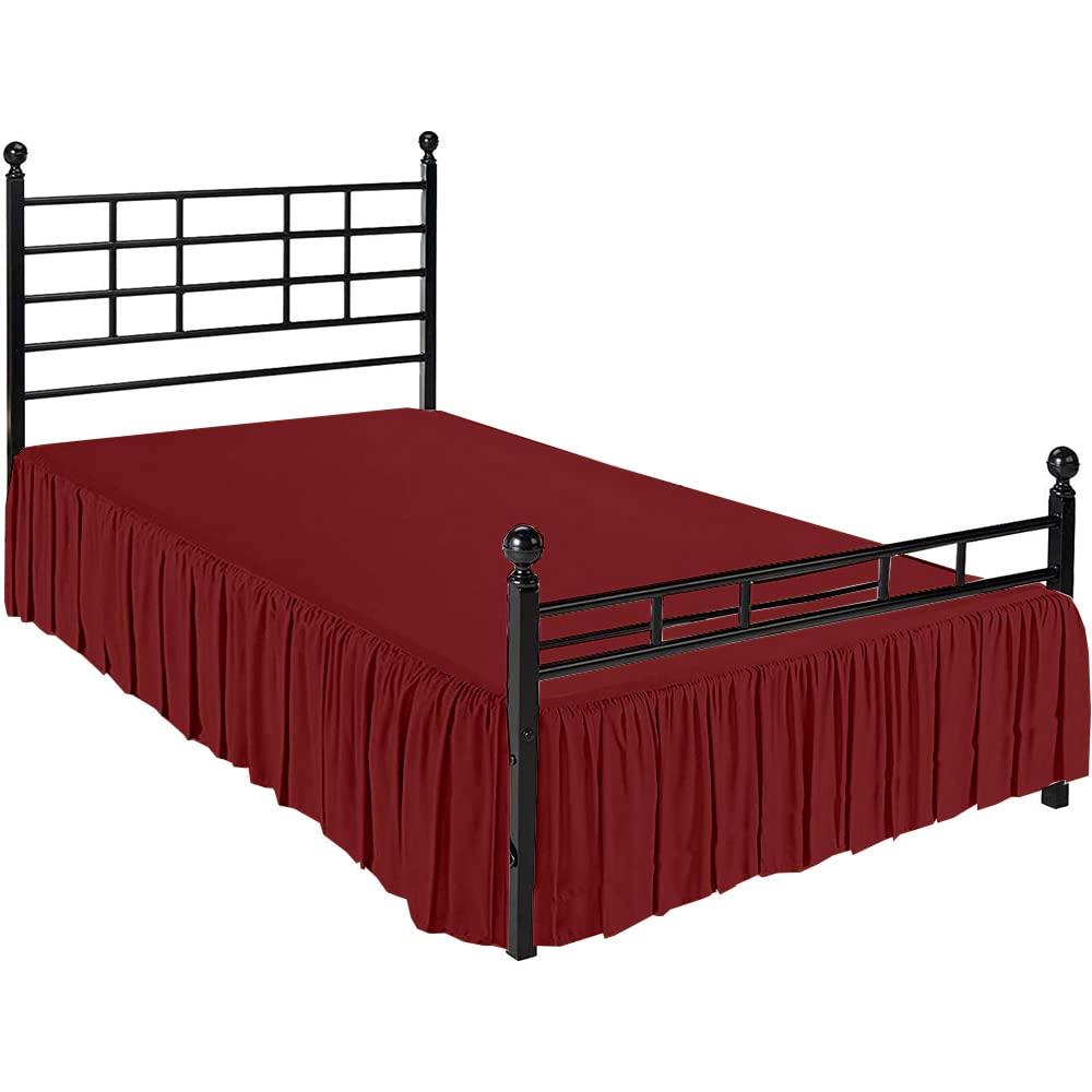 Shreem Linen Ruffled Bed Skirt with Split Corners, Gathered Style, 100% Microfiber-12 Drop, Dust Ruffle Bed Skirts Short Queen, Burgundy