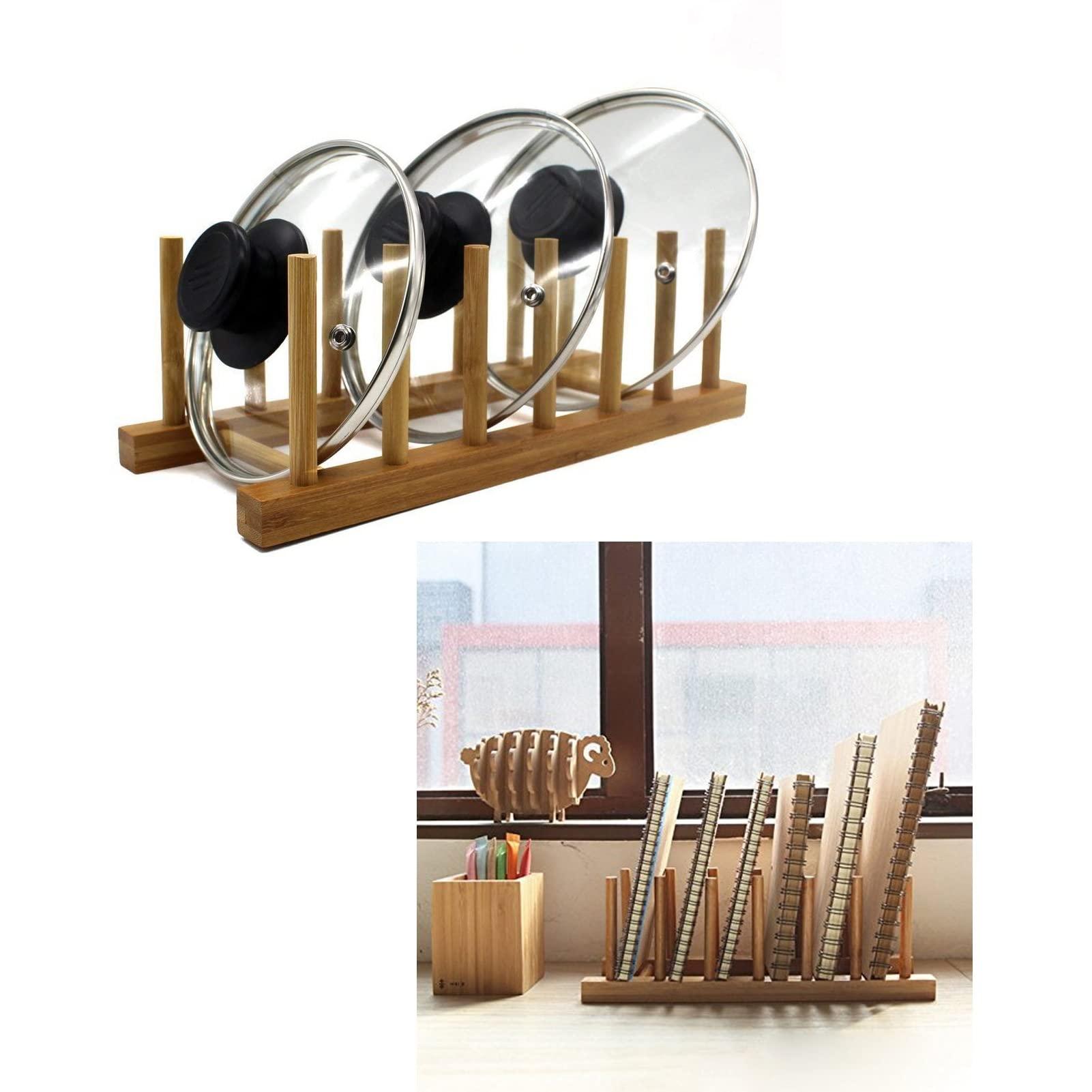 Cyrank Wooden Dish Rack,Dish Drying Rack Kitchen Storage Cabinet Organizer Plate Rack Stand Pot Lid Holder,Pine Wood Dish Rack for Bowl Pot Lid,Cutting Board(28cm)