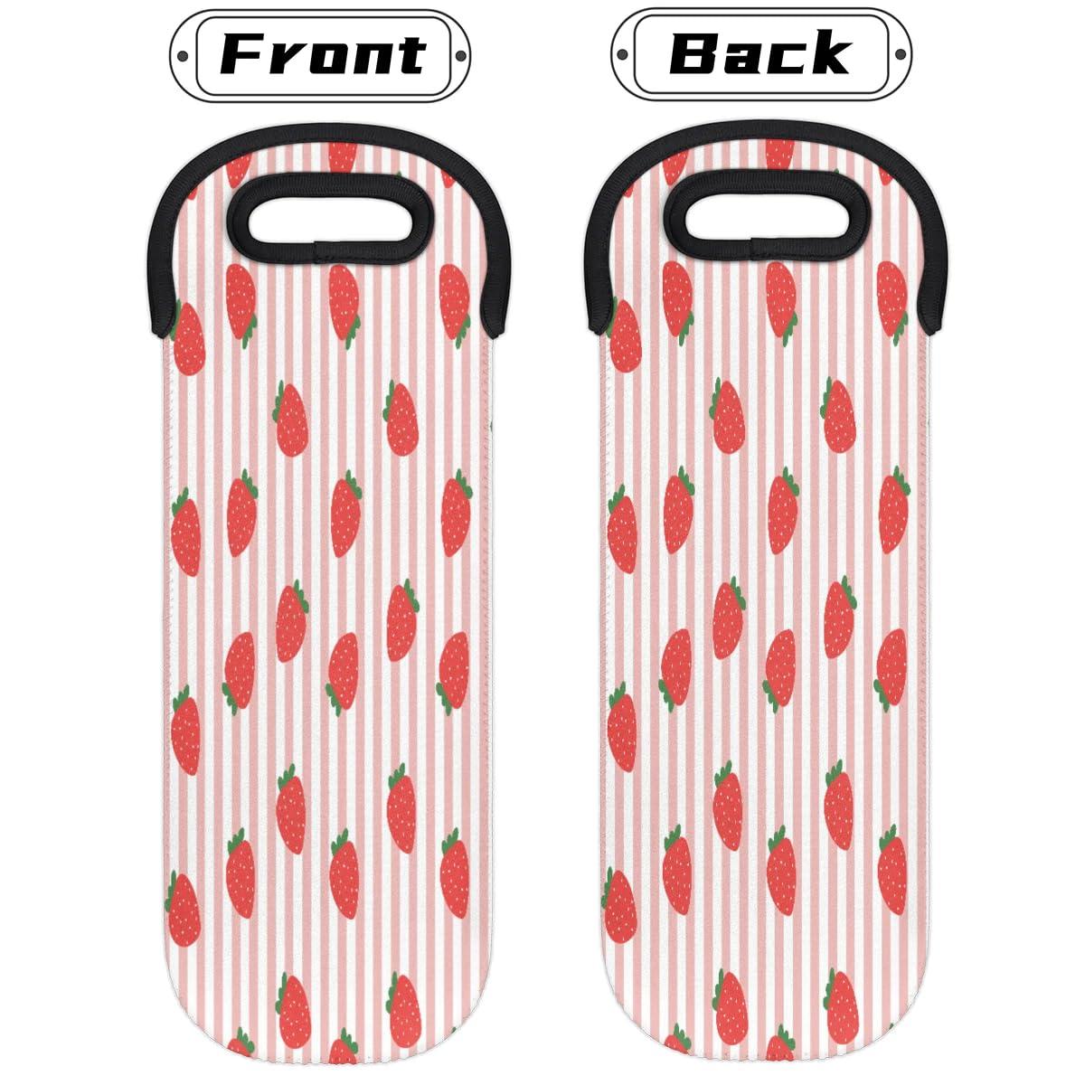 QsirBC Fruits Strawberries Pattern Wine Gift Tote Bag Neoprene Single Bottle Holder 750ml Wine Carrier Bags for Travel Wedding Festival Favors 5.1 X 15.6 In