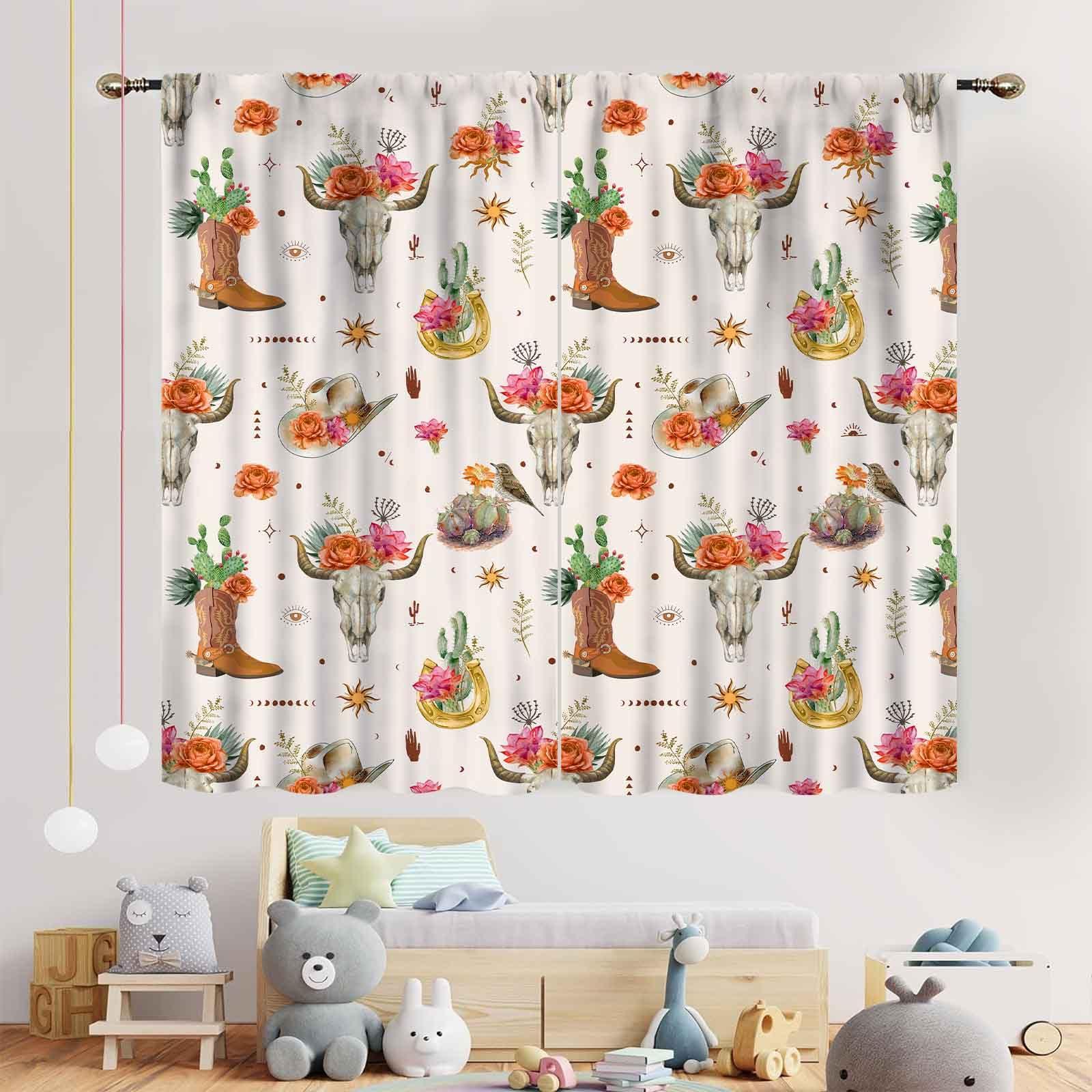 TKUYO TKUYO Western Curtains for Bedroom, Southwest Rustic Floral Bull Skull Cactus Cowboy Aesthetic Cow Print Farmhouse Country Boho Window Drapery for Living Room Kitchen Home 2 Panels Set, 84"x84" Inch