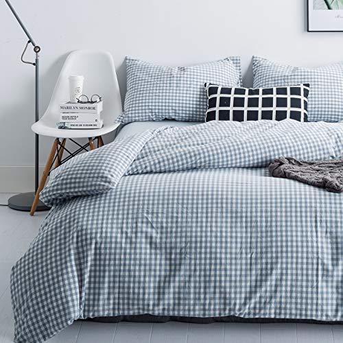 SUSYBAO SUSYBAO Gingham Duvet Cover King 100% Washed Cotton Light Blue Plaid Duvet Cover 3 Pieces Set 1 Blue Grid Duvet Cover with Zipper Ties 2 Pillowcases Luxury Soft Gingham Bedding Set Breathable Durable