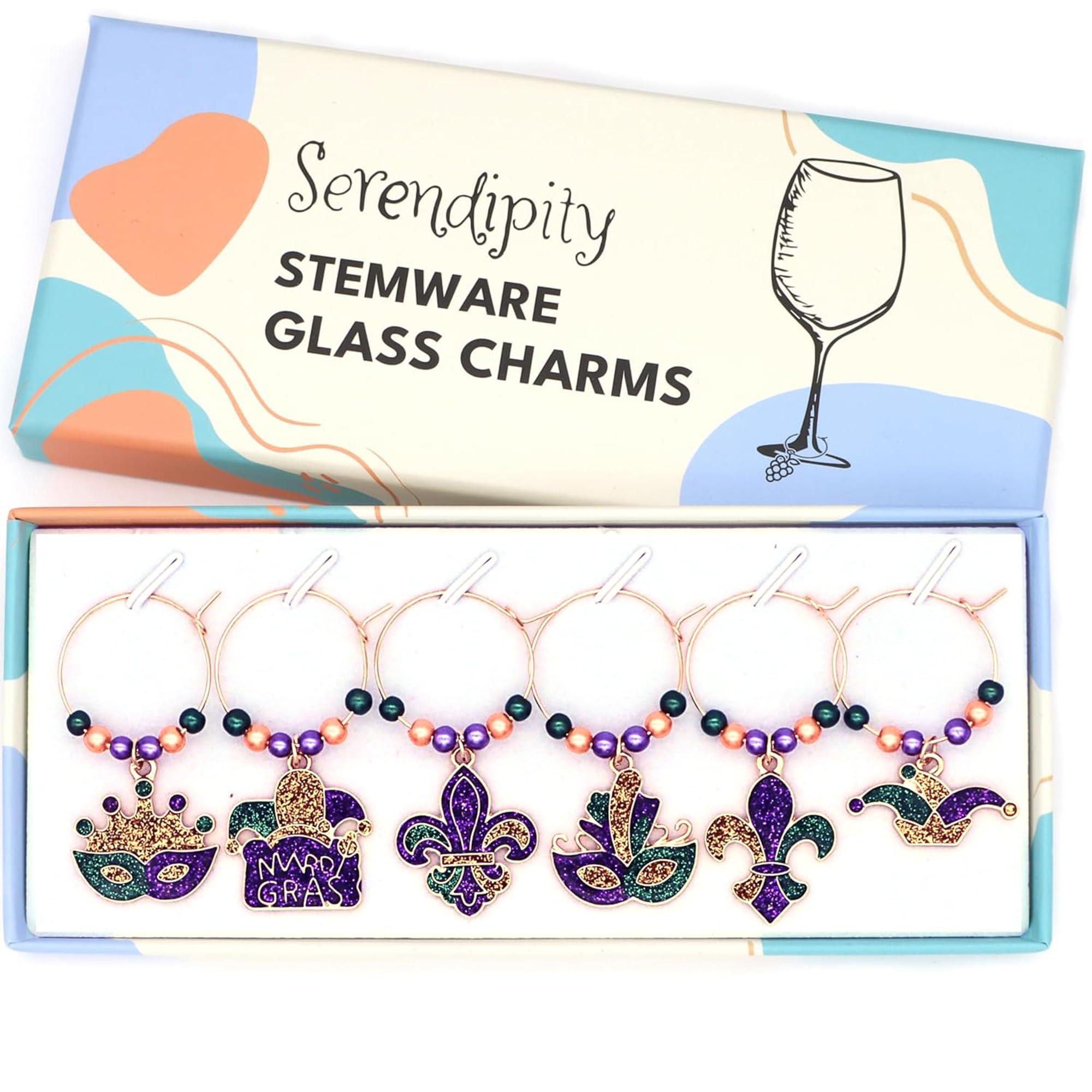 Serendipity Set of 6 Mardi Gras Wine Charms to Jazz Up Your Gatherings, New Orleans Party Decoration