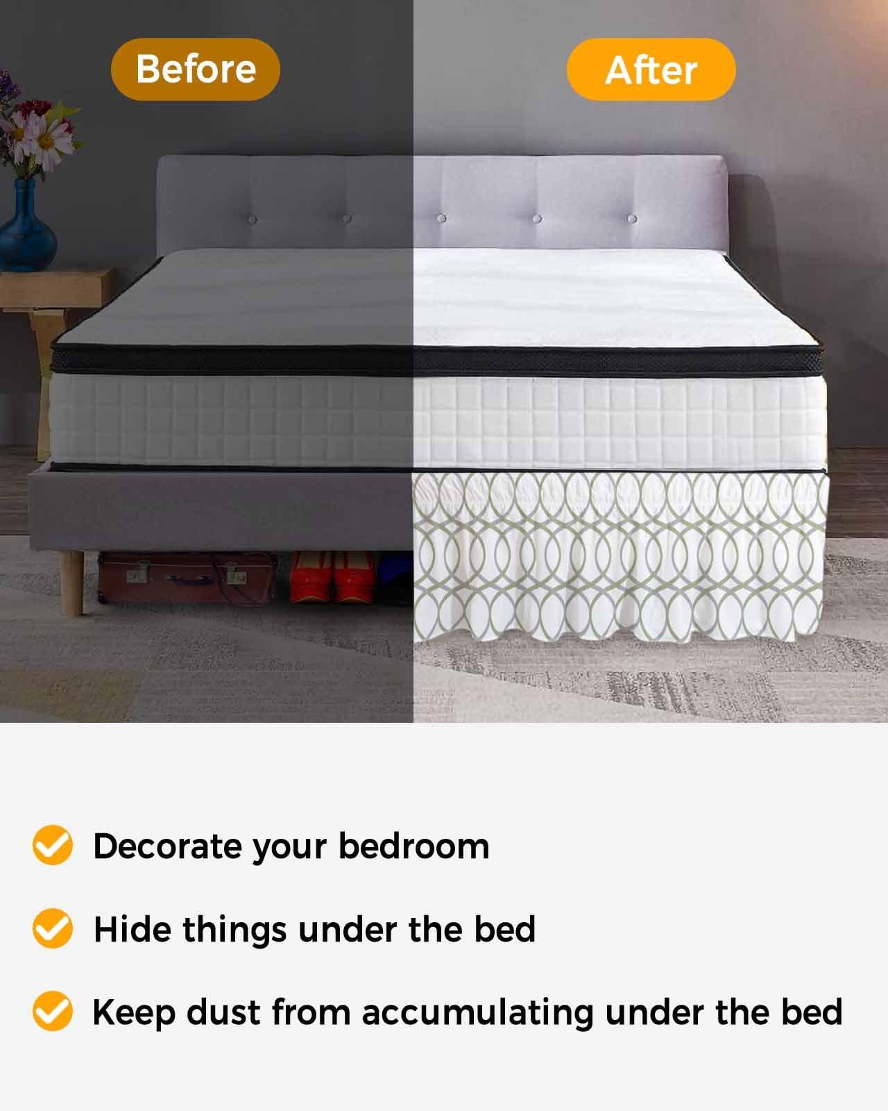 RisQiten RisQiten Sage Green Grey Bed Skirt Cal King Size 18 Inch Drop, Elastic Bedskirt Dust Ruffle for Cal King Bed, Modern Geometric Contemporary Abstract Wrap Around Bed Skirts Pleated Bed Frame Cover