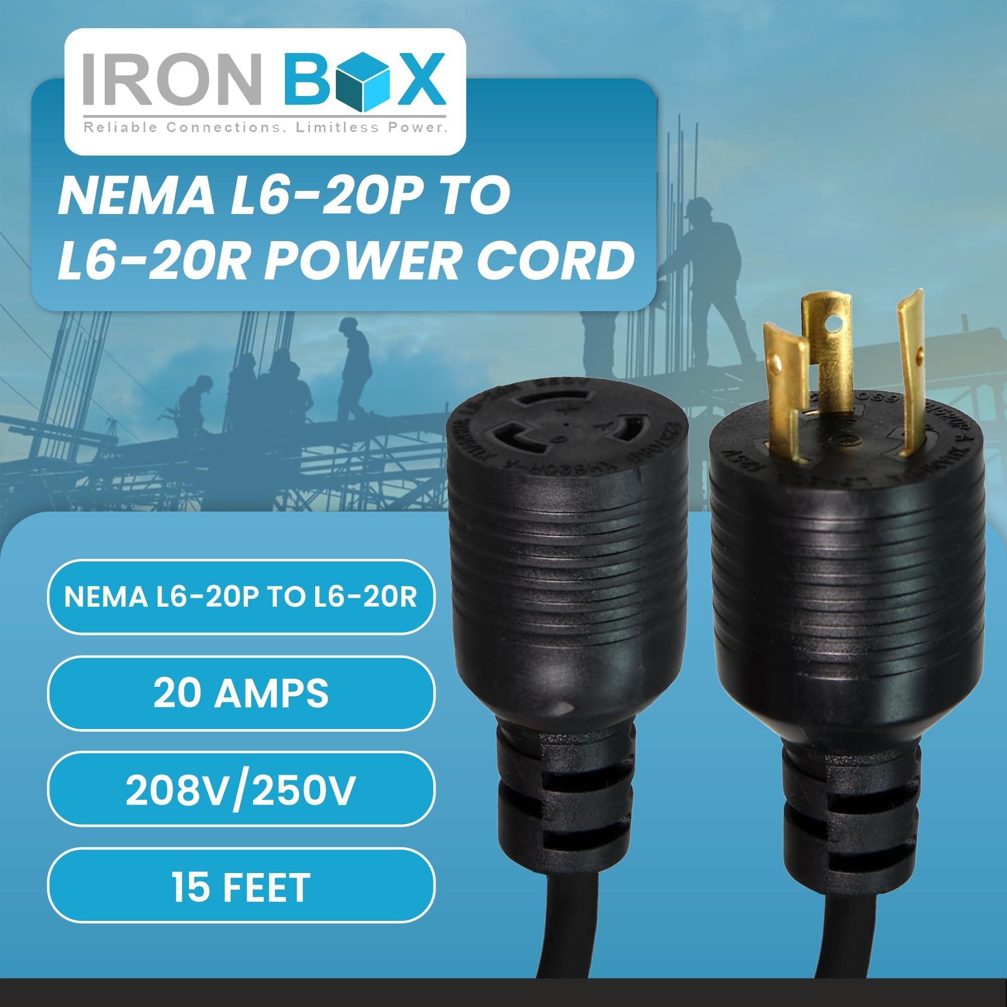 Iron Box IronBox Electric - NEMA L6-20P to L6-20R Power Cord, Twist Lock Style Ends, UL Listed, Rated 20A, 12/3 SJT, Extension Cord for 208V/250V Applications, Heavy-Duty Power Cable, 15 Foot - Black