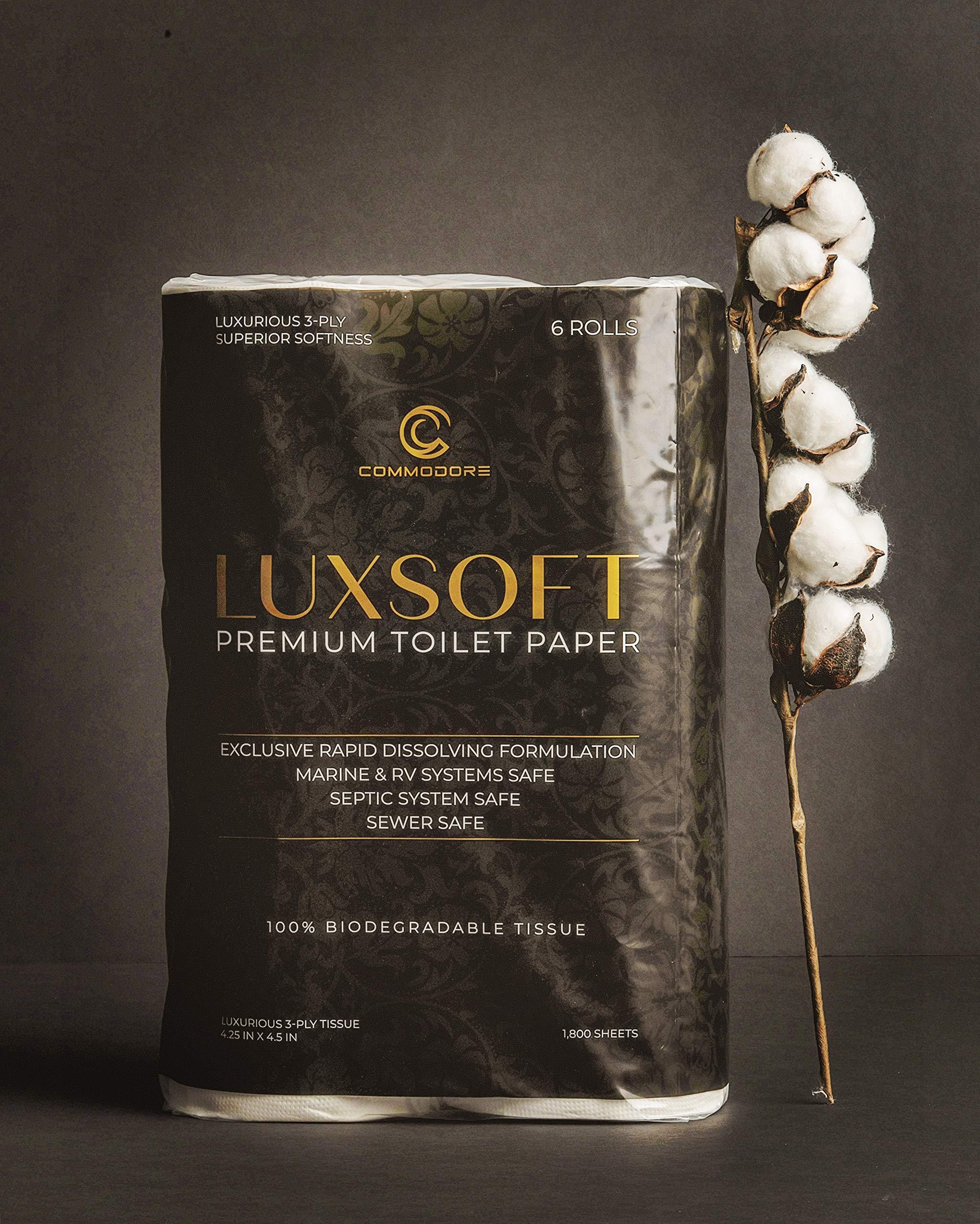 Commodore LUXSOFT Premium 3-Ply Luxury Toilet Paper 6-Pack - Septic, RV, and Boat Safe with Quick Dissolving Material (Single Pack (6 Rolls)) white
