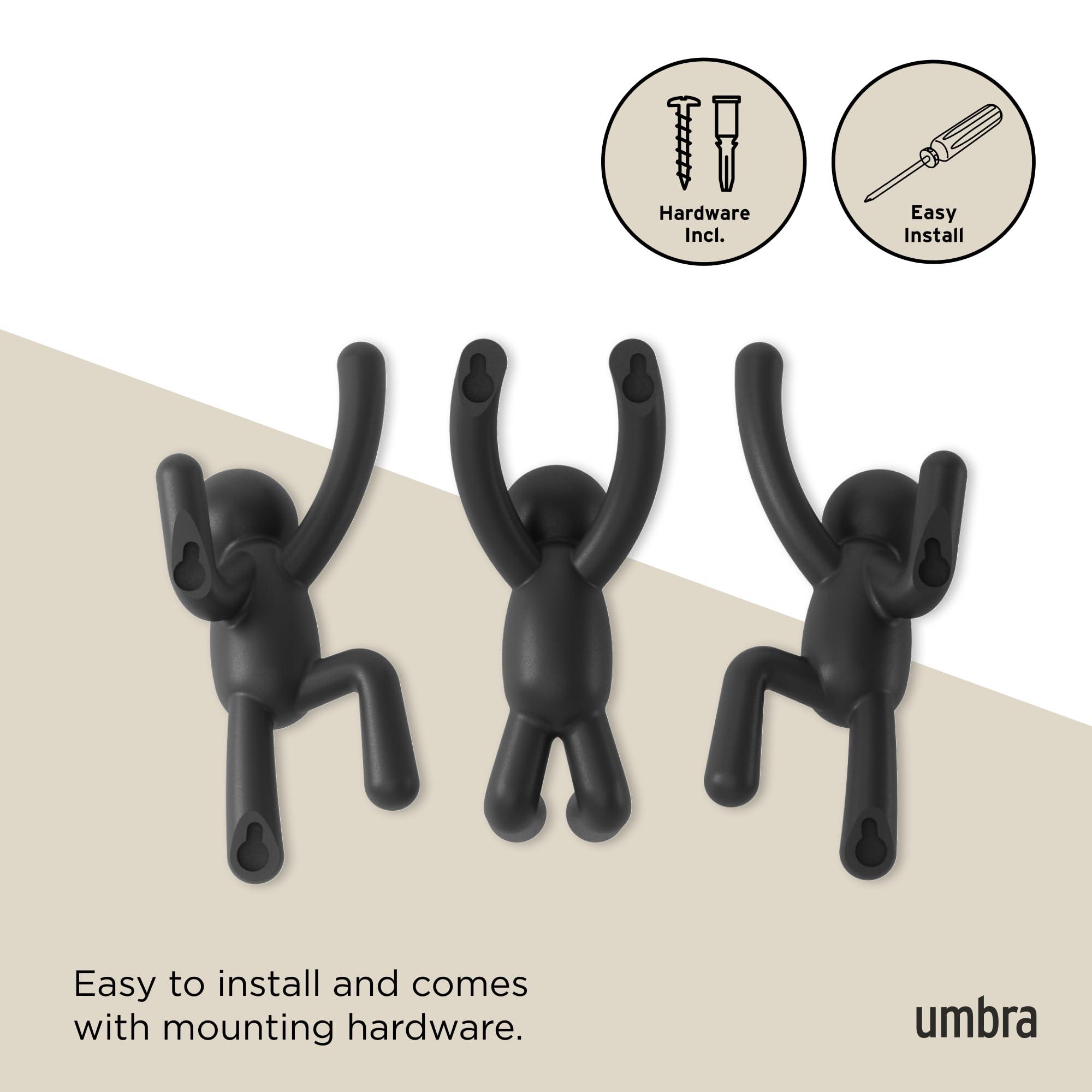 Umbra Umbra Buddy Wall Hooks Decorative Wall Mounted Coat Hooks for Hanging Coats, Scarves, Bags, Purses, Backpacks, Towels and More, Set of 3, Black
