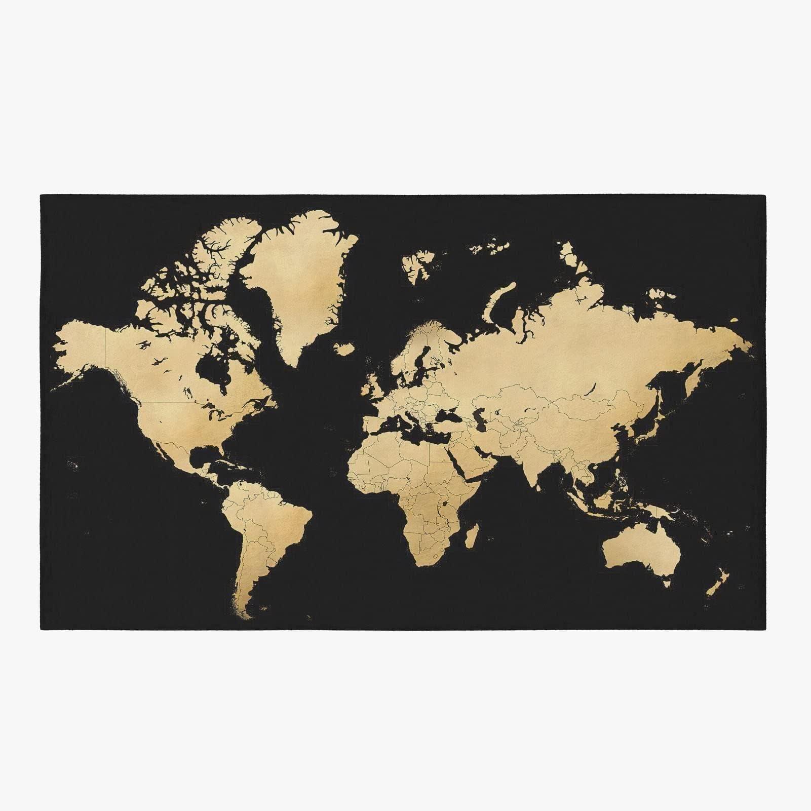 ELLECO Retro Black Gold World Map Area Rugs, Retro World Map Soft Washable Carpet, Upholstery Rug with Non-Slip Backing for Kids Boys Girls Bedroom Living Room Dining Room Study 5ftx8ft