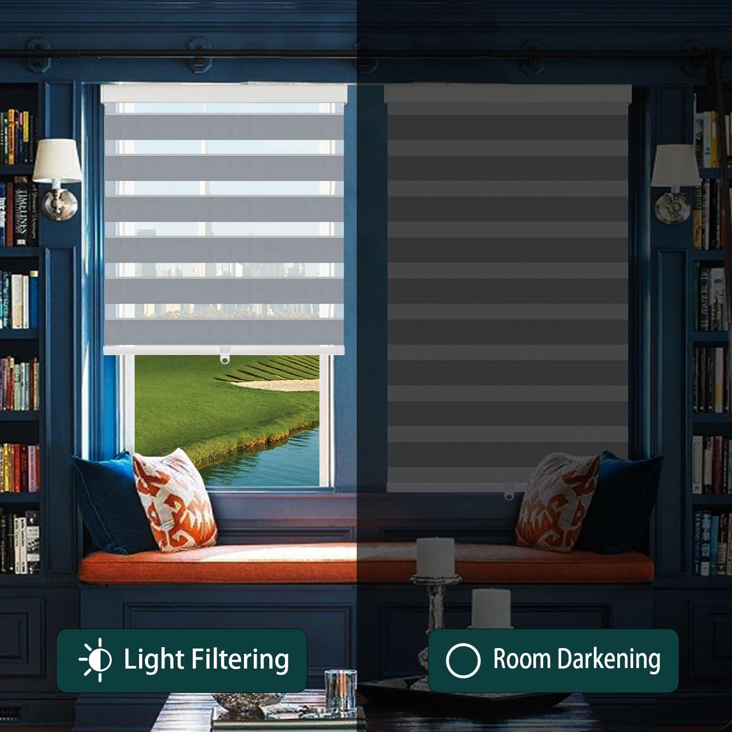 IDEKIO Zebra Blinds for Windows,Custom Size Cordless Zebra Roller Window Blinds, Dual Layer Blackout Roller Shades,Day and Night Blinds for Door,Office,Grey,15" W x [20" H to 98" H Customize]