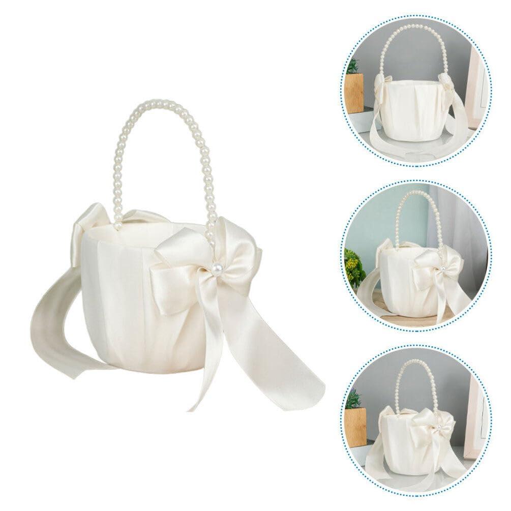 HOLIDYOYO HOLIDYOYO Wedding Flower Girl Baskets with Pearl Handle Bowknot Satin Flower Baskets Flower Pedal Basket for Wedding Ceremony Party