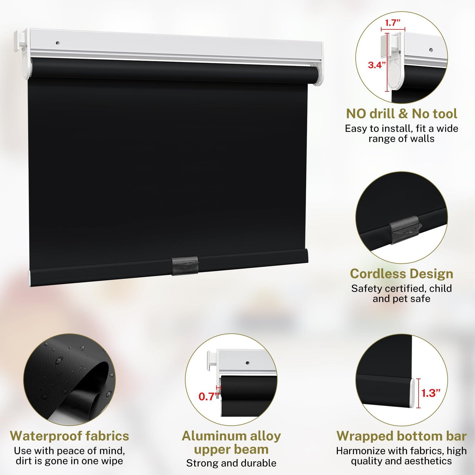 moonice Moonice No Drill Cordless Roller Blinds Waterproof Blackout Blinds for Windows, No Screw Roller Shades Thermal Insulated UV Protection Privacy Window Shades for Home,Office,Bedroom,Door,Black