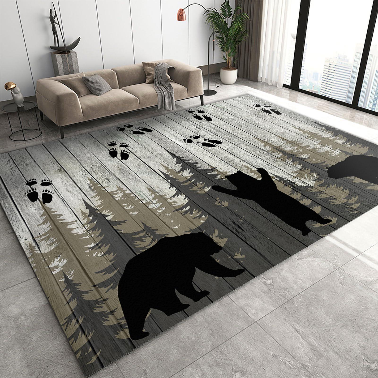 FACADUP Area Rug 7x8 Forest Trail Brown Bear Rugs, Wooden Silhouette Art Bear Carpet, Machine Washable Large Rugs for Apartment Villa Hotel Meeting Room Farmhouse
