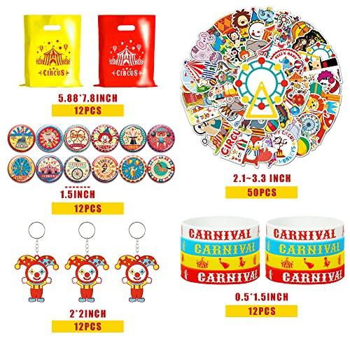 BUYWUMORE BUYWUMORE 98 PCS Circus Party Favors, Clown Keychains Goodie Bags with Stickers, Rubber Bracelets, Button pins and Bags for Circus Carnival Theme Party Supplies Baby Shower (Circus)