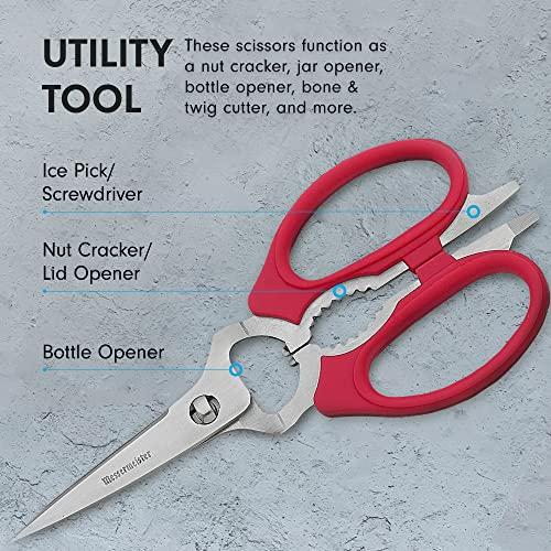 Messermeister Messermeister 8-Inch Take-Apart Kitchen Scissors, Red - Includes Screwdriver, Nut Cracker, Jar Lid Opener/Gripper, Bottle Opener & Bone + Twig Cutter - Suitable for Lefties & Righties