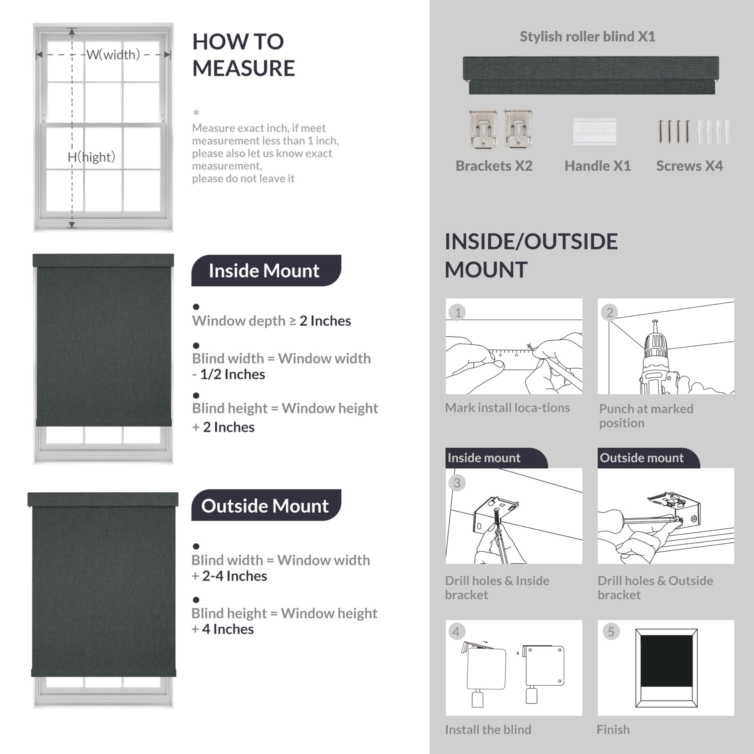 Boolegon Boolegon Blackout Roller Shades for Windows, Cordless Roller Blinds with Linen Fabric-Matched, Custom Roller Blinds for Home Office, Black Grey, 38" W x 64" H