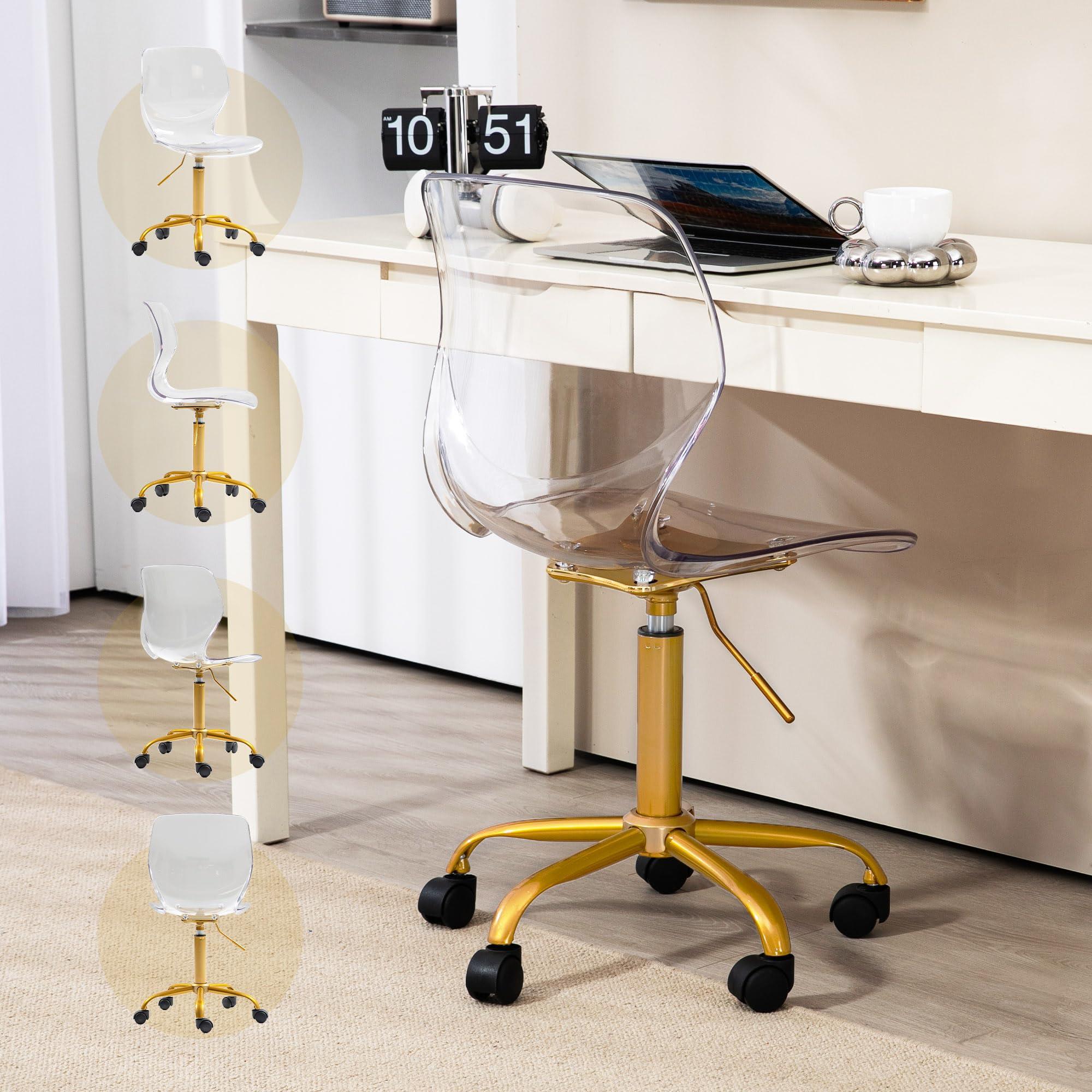 Villeston Villeston Acrylic Clear Desk Chair, Modern Small Cute Armless Vanity Rolling Plastic Chair Home Office Lucite Ghost Curved Chairs Padded with Golden Legs and Adjustable Height, Gold