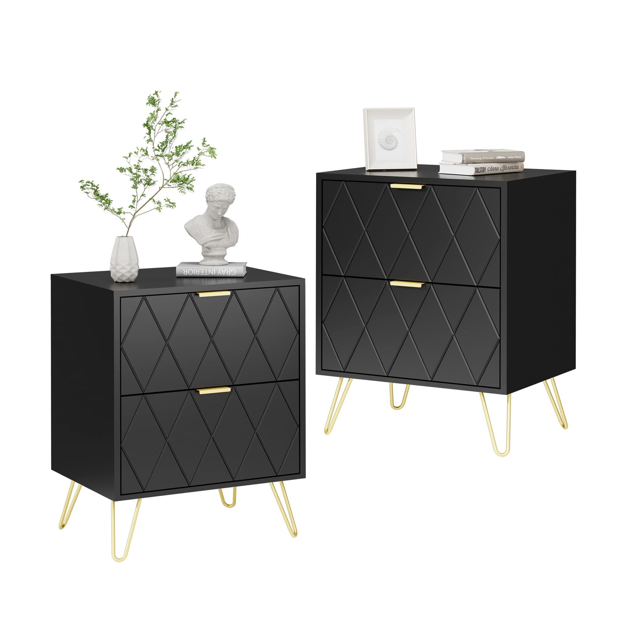 Anbuy Anbuy Black Nightstand Set of 2 with Gold Handle, Bedside Table with 2 Drawers, Night Stands Set of 2 Gold Legs for Bedroom Living Room