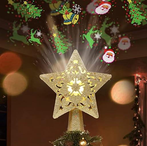 IGZVMBO Gold Star Christmas Tree Topper with Rotating LED Lights Treetop Projector Lighted Warm Star Shape Festive Tree Decorations Holiday Parties