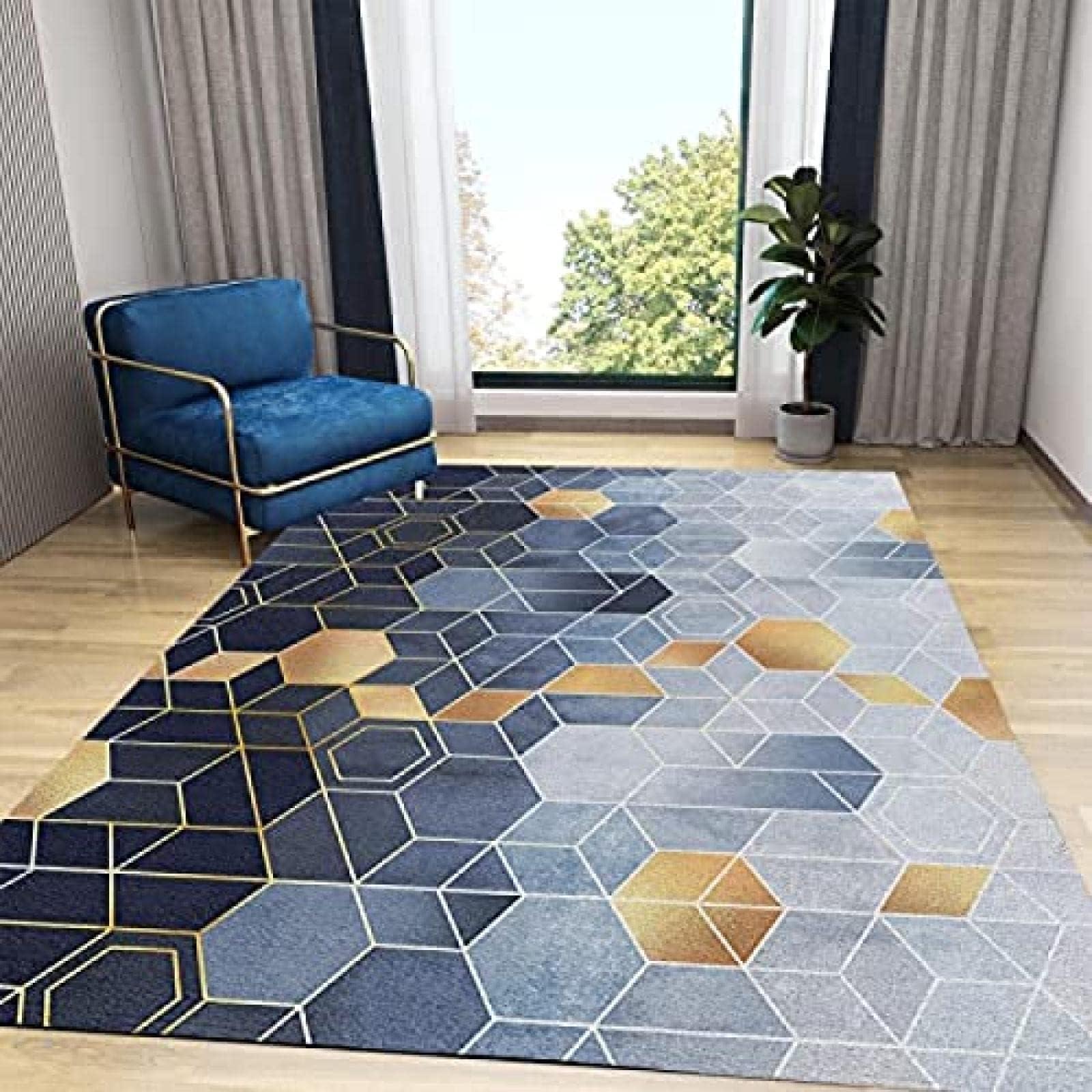 KOXAILI KOXAILI Black Gold Rug, 6 x 8 Rug, Geometric Honeycomb Non-Slip Rug, Morden Large Area Rug, Machine Washable Breathable Rugs for Living Room