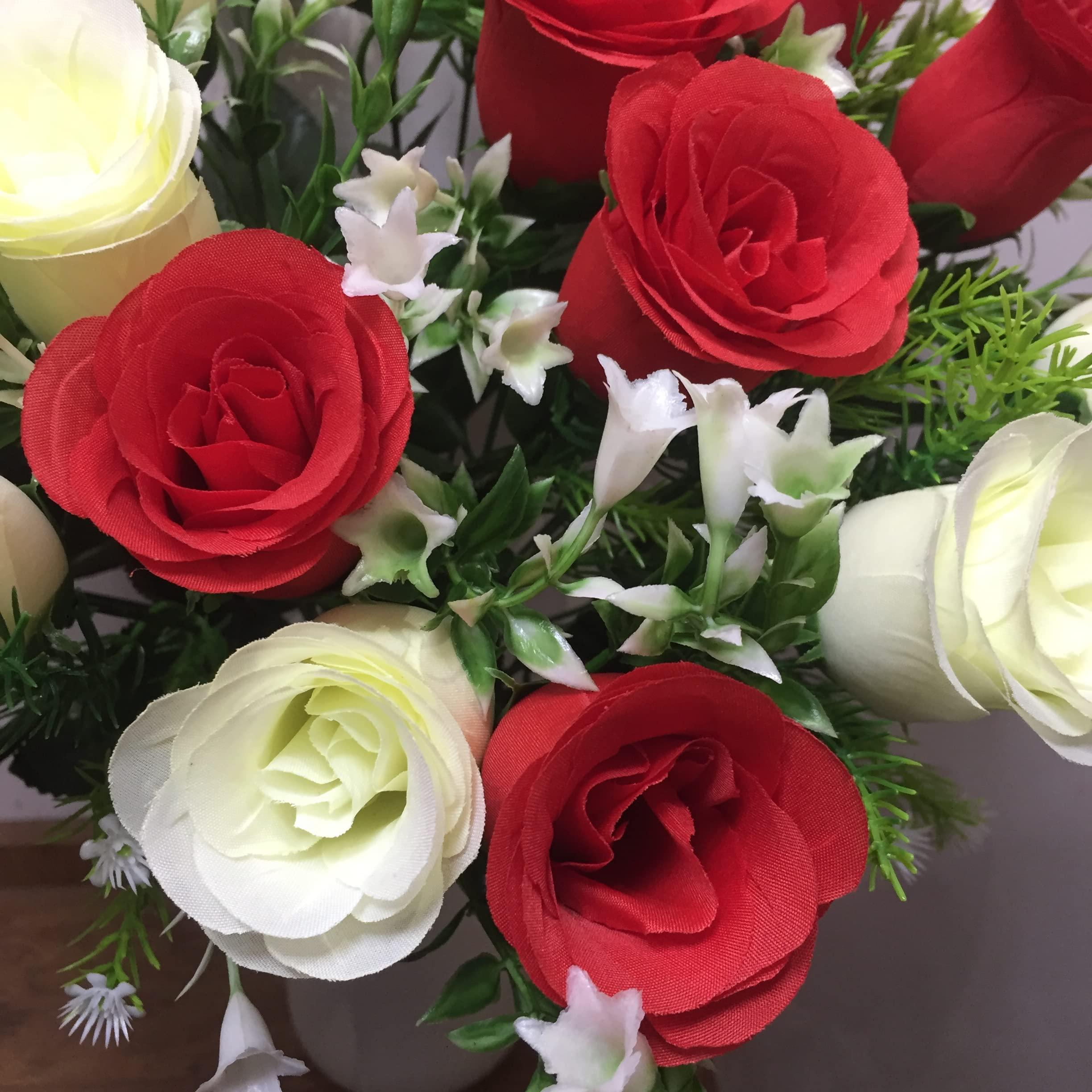 Gritech Gritech Silk Flowers Cemetery Flowers Roses Artificial Flowers for Graves & Memorials- Arrangements for Headstones- Lifelike, Florist-Arranged Bouquet (Red/White, 2)