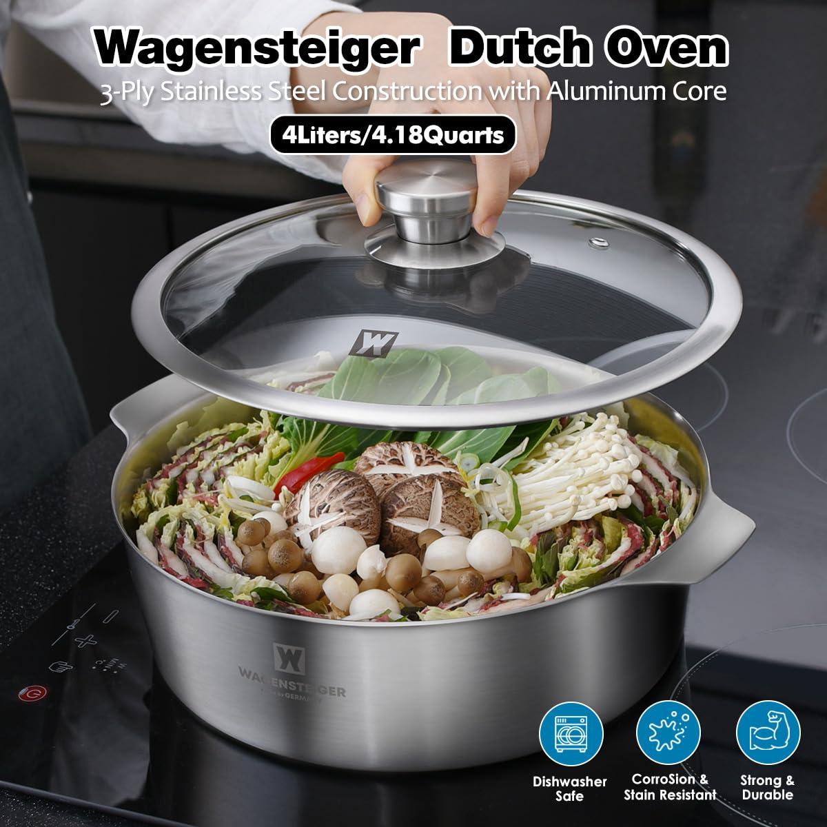 WAGENSTEIGER WAGENSTEIGER 4.18Quarts Stainless Steel Saut pan Casserole Pot with Tempered Glass Lid, Stock Pot, 3-Ply Construction with Aluminum Core, Stylish Design, Brushed Finish