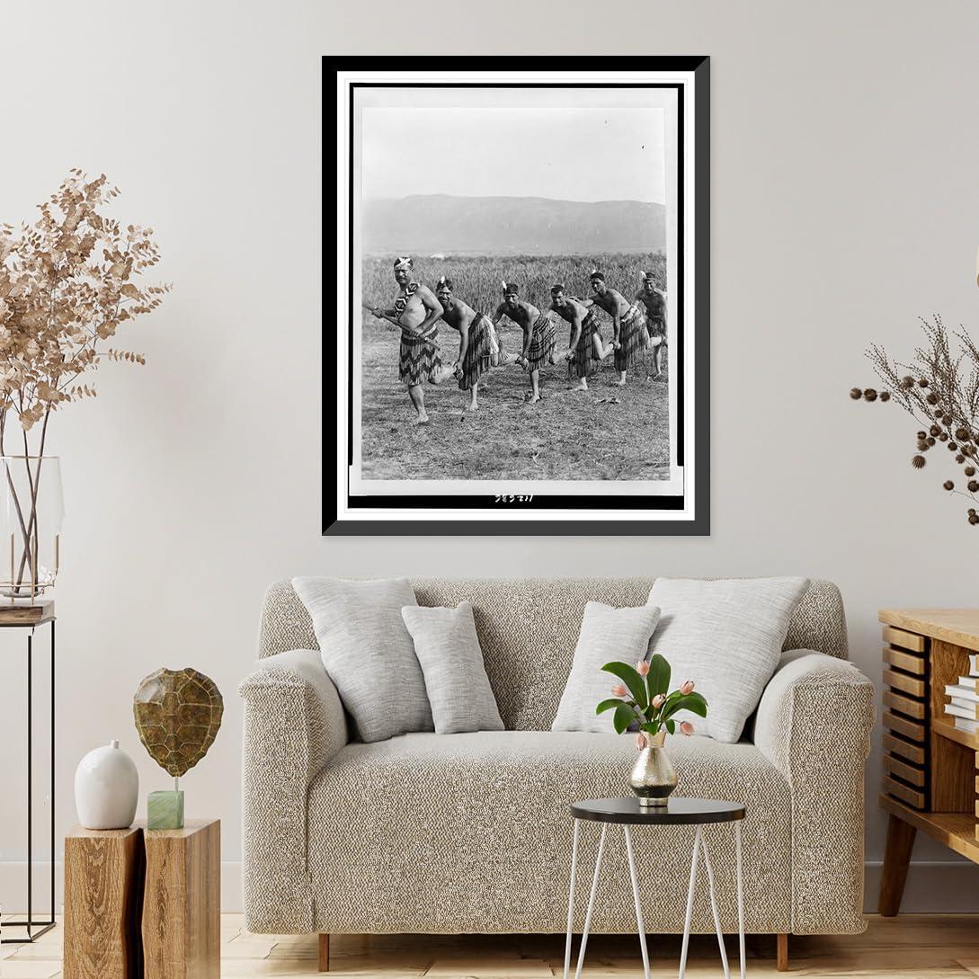 Snapshots of the Past Historic Framed Print, [Five Maori men posing in traditional clothing doing haka dance (war dance)], 17-7/8" x 21-7/8"