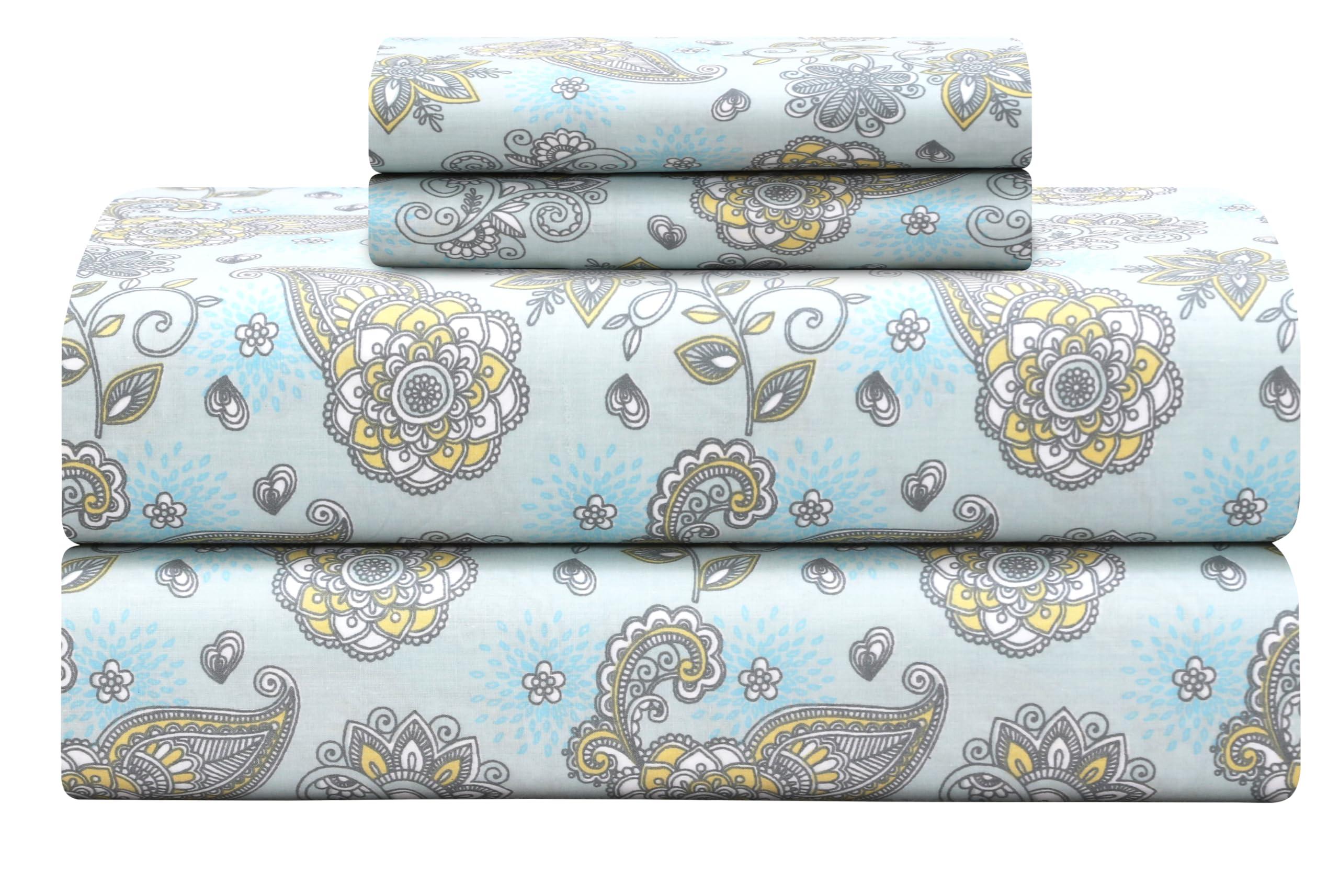 FEATHER & STITCH NEW YORK Feather & Stitch Softest 100% Cotton Sheets, 300 Thread Count Percale Weave Bedding, 16\" Deep Pocket, Cooling Sheets, Breathable Bed Set, Hotel Premium Quality (Twin, Aqua Paisley)