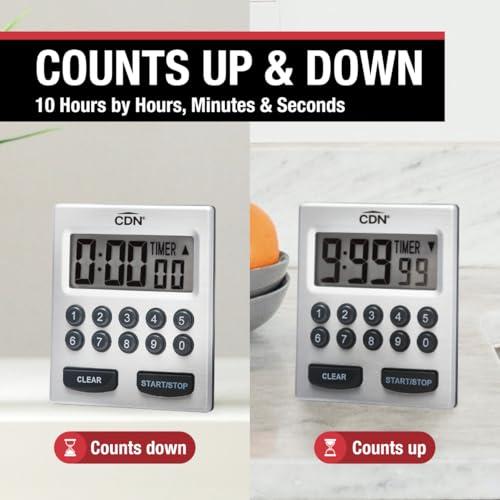 CDN CDN Direct Entry 2- Alarm Digital Kitchen Timer | Counts Up & Down, 10 Hours by Hours, Minutes & Seconds, Big Digit, Loud & Long Audio/Vibrate Alarm, Stand, Hang, Magnet Mounting - TM30