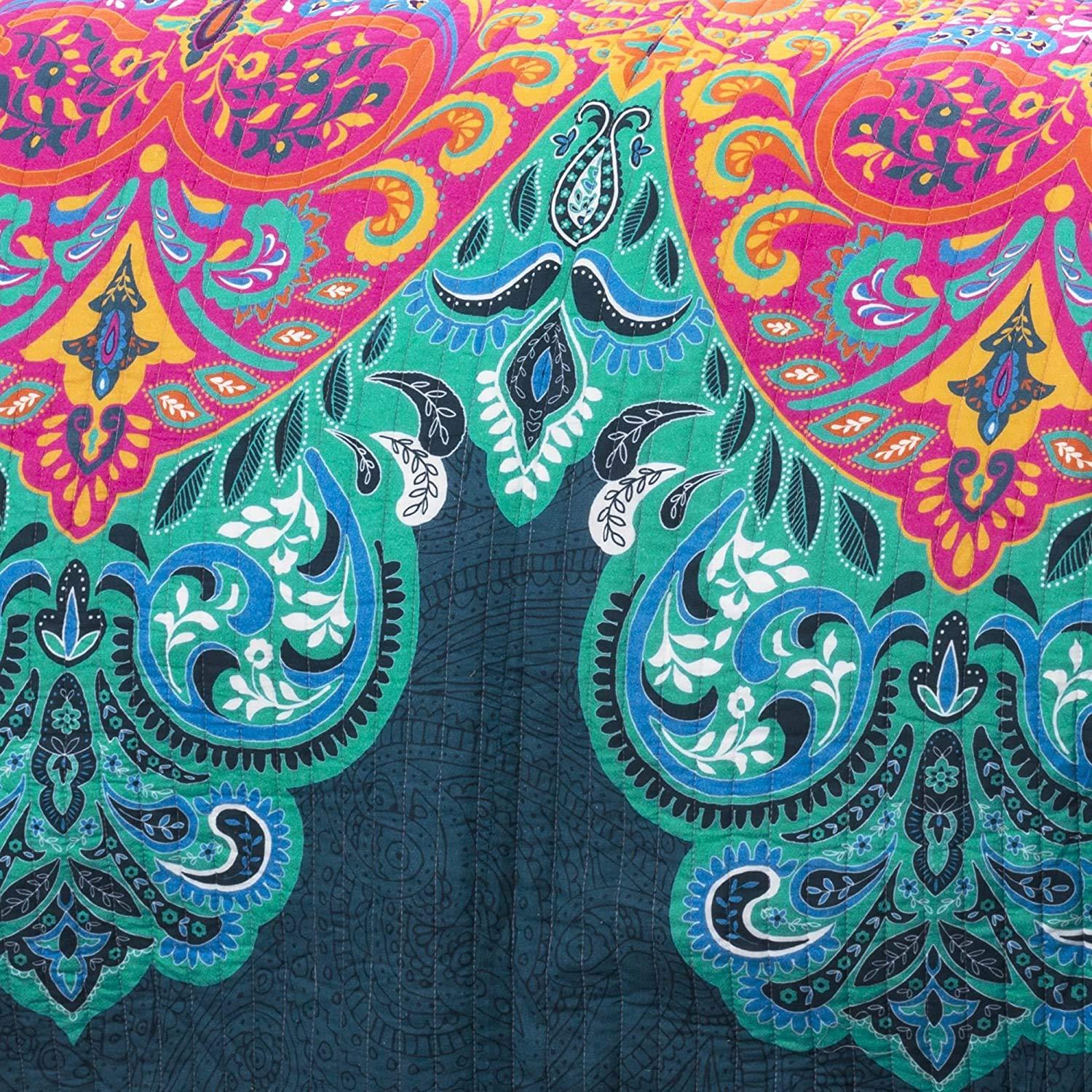 Lush Decor Lush Decor Boho Chic Reversible Cotton Quilt 3-Piece Set, King, Turquoise & Navy - Bright Paisley Print, Vibrant & Colorful Bohemian Bedding Set