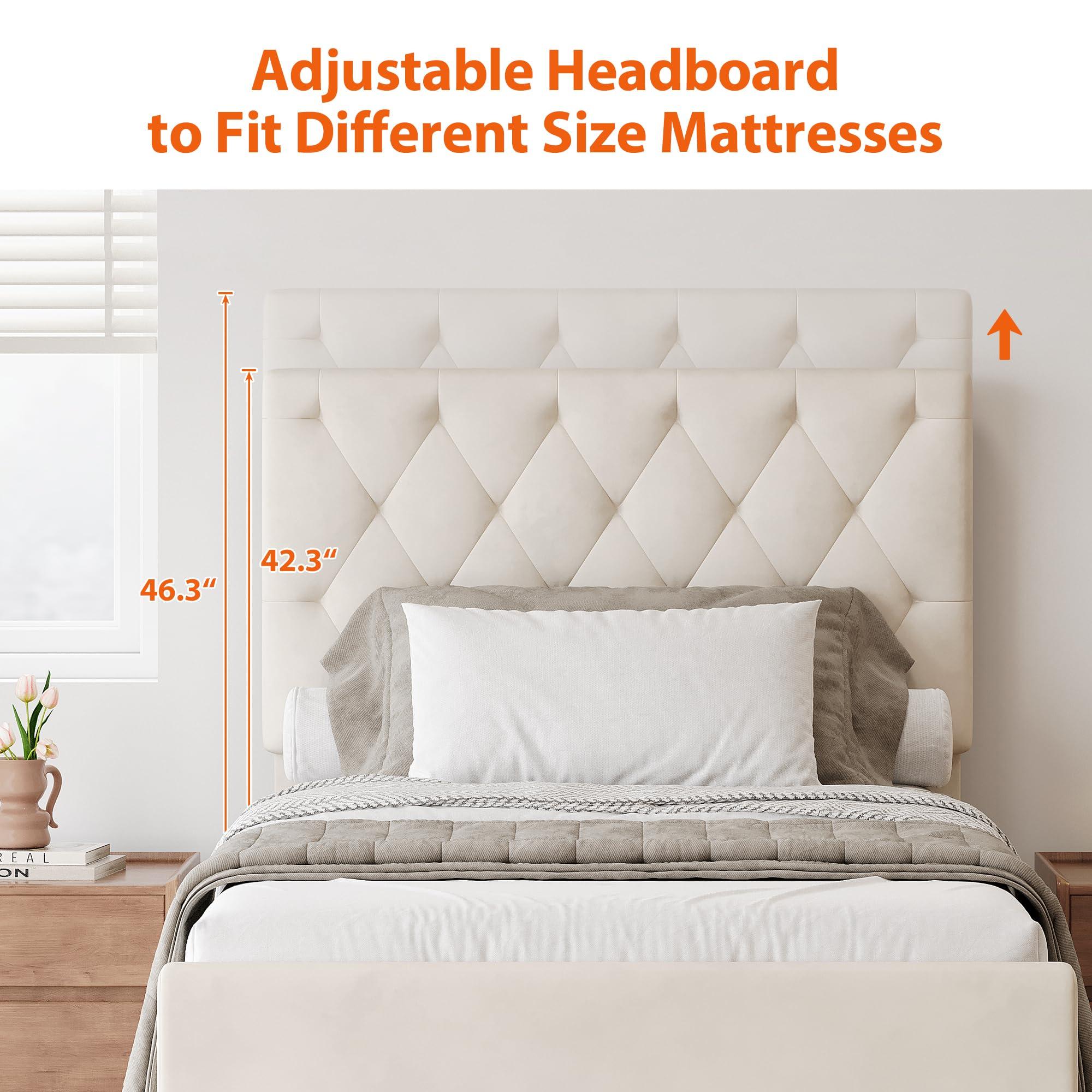 Merax Merax Twin Size Velvet Fabric Upholstered Platform Bed with Trundle Bed and Adjustable Button Tufted Headboard, No Box Spring Needed, Beige