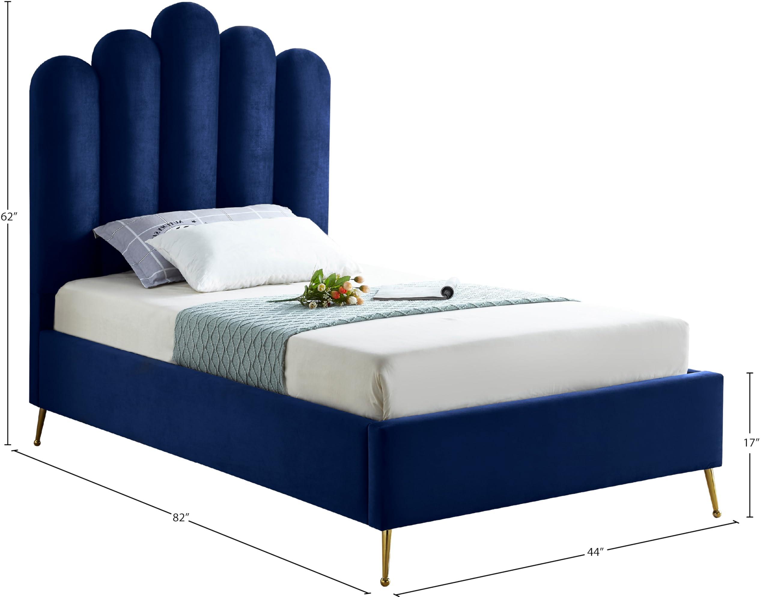 Meridian Furniture Meridian Furniture Lily Collection Modern | Contemporary Velvet Upholstered Bed with Deep Channel Tufting and Custom Gold Steel Legs, Twin, Navy