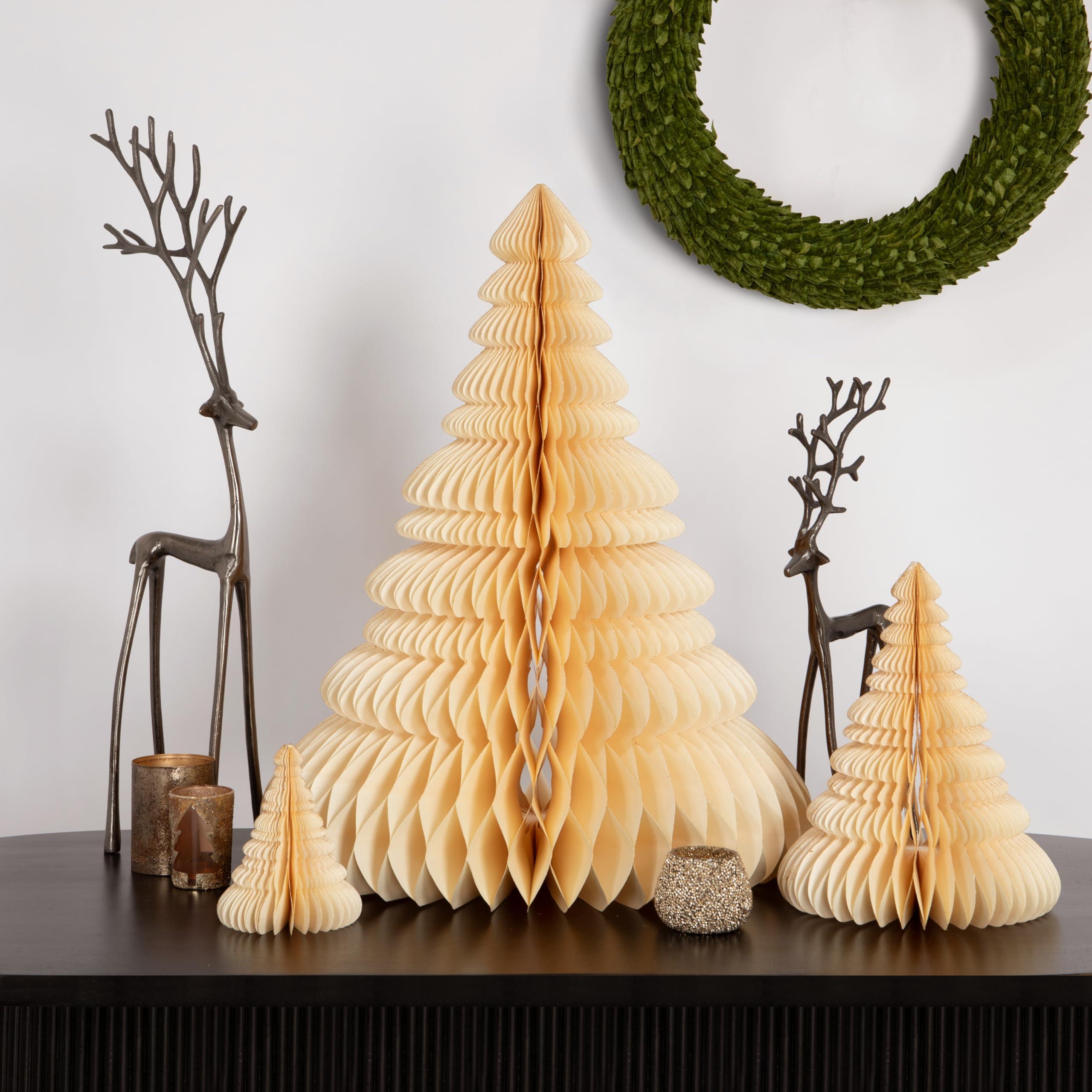 Creative Co-Op Creative Co-Op Round Paper Folding Honeycomb Trees with Gold Glitter, Cream, Set of 3