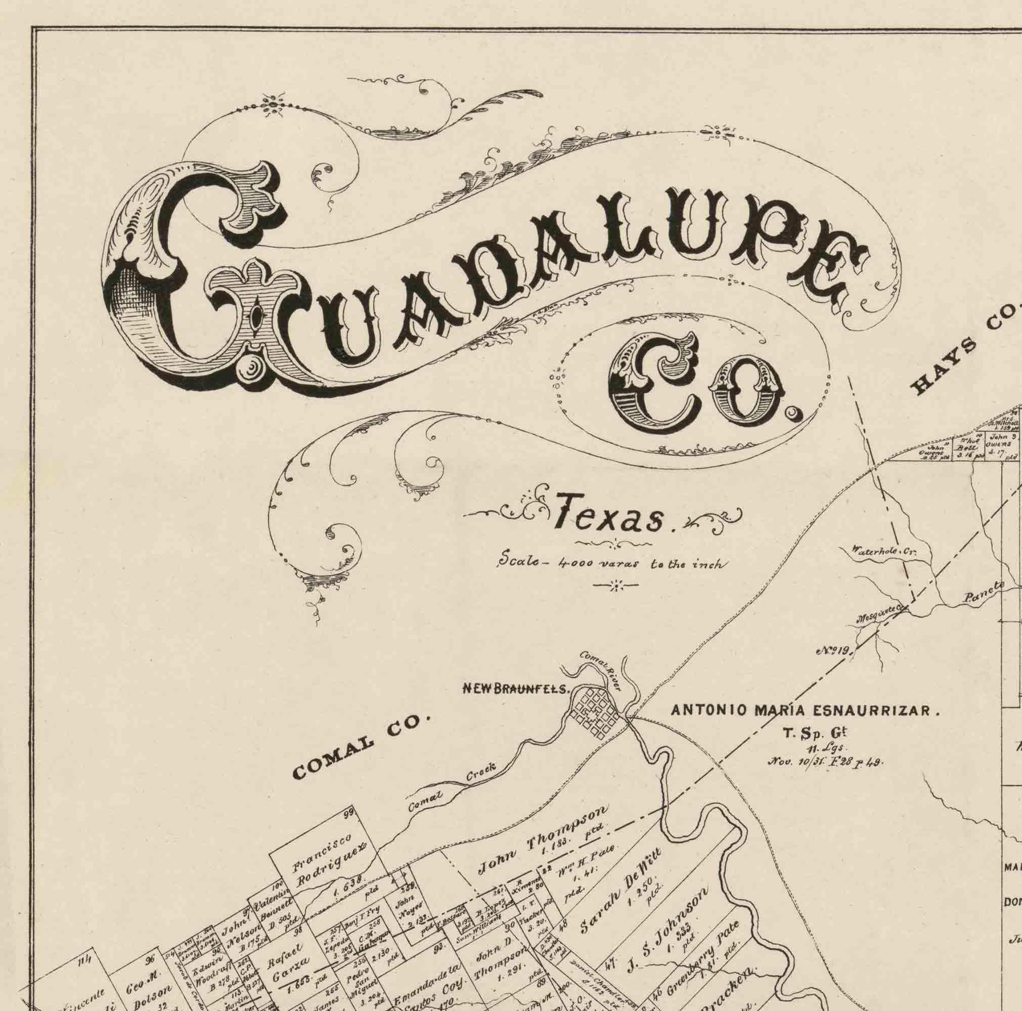 Generic Guadalupe County, Texas - 1880 - Wall Map with Land Owners names - General Land Office - Genealogy - Old Map Reprint