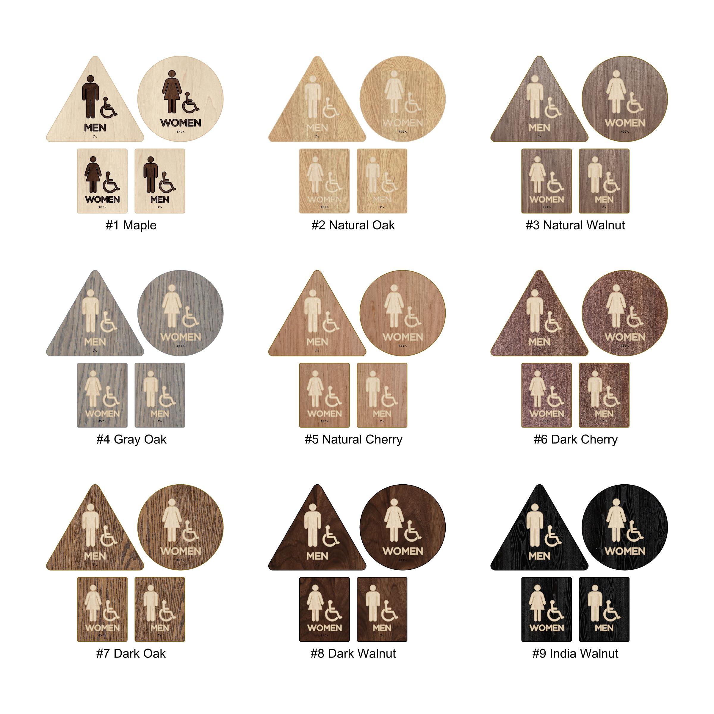 Gray Skunk California Title 24 Restroom Signs - ADA Compliant Bathroom Set of 4 Signs - Custom Modern Interiors - Grade 2 Braille Included (India Walnut)