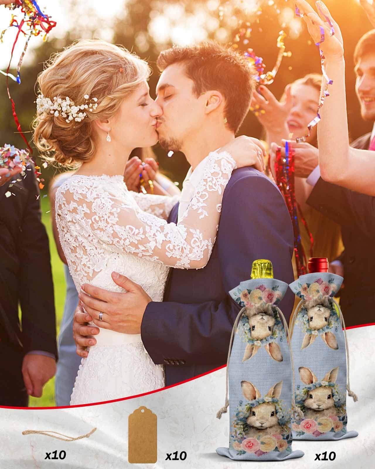 PIEPLE PIEPLE Easter Blue Bunny 10PCS Wine Bottle Bags, Wine Bottle Cover with Drawstring, Gift Bag for Champagne, Wedding, Birthday, Party Rustic Spring Botanical Flower Leaves