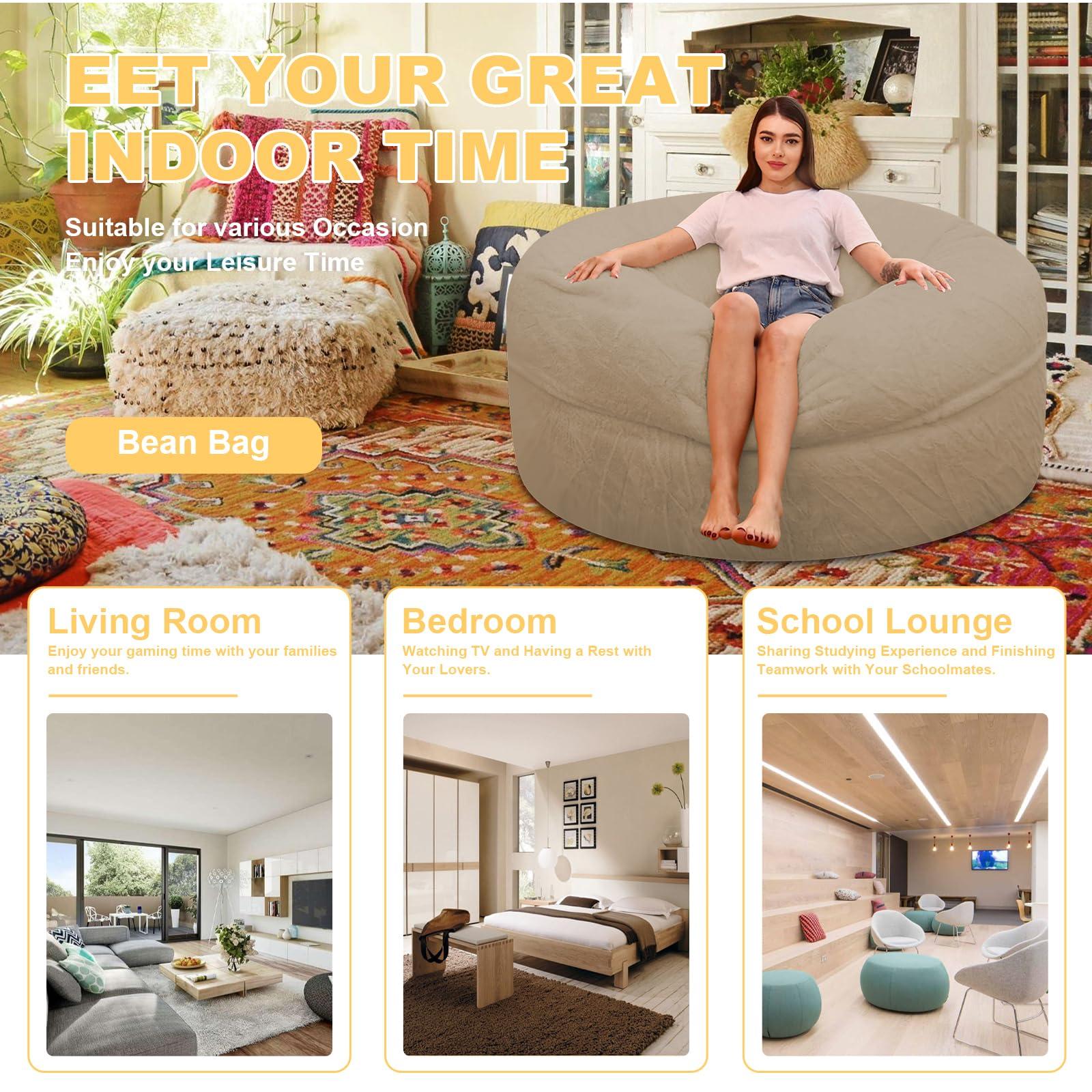 JZGYDD Bean Bag Chair with Filler, Giant Memory Foam Bean Bag Chair, Comfy Bean Bag Chair for Adults/Teens Round bean bag fluffy for Living Room Bedroom (light khaki,5ft)