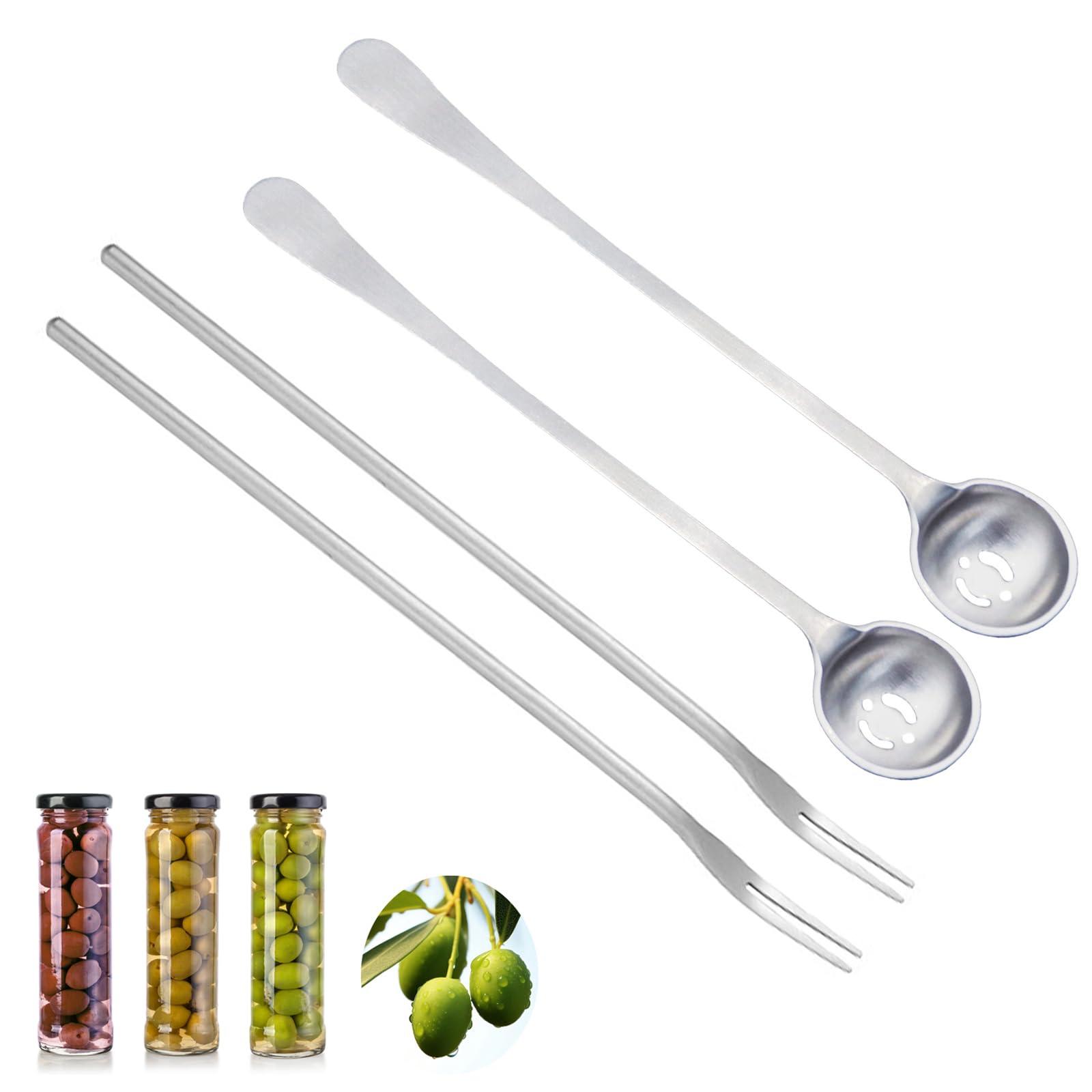 Asanta 4 PCS Olive Spoon and Pickle Fork, 7.5 Inch Olive Spoons with Holes, 8.6 Inch Pickle Forks for the Jar, Stainless Steel Long Handle Food Picker for Pickle, Asanta Jars Serving Spoon and Fork Set