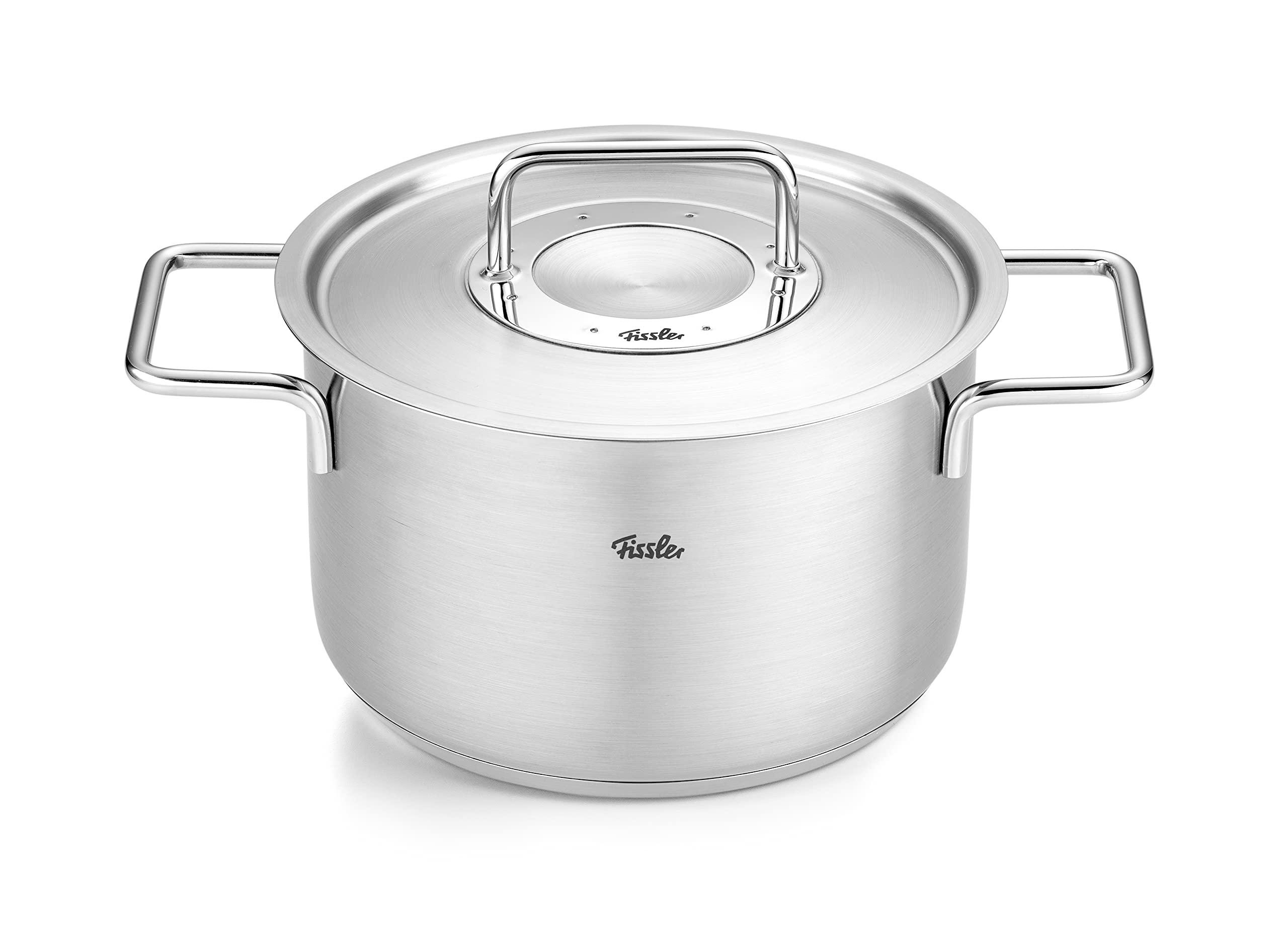 Fissler Fissler Pure Collection 6-Piece Stainless Steel Saucepan Set with Metal Lids (3 Saucepans, 1 Stewing Pan 1 Saucepan 1 Stainless Steel Care) Induction