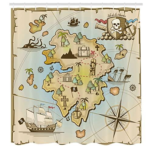 Ambesonne Ambesonne Island Map Shower Curtain, Cartoon Treasure Island Pirate Ship Chest Kraken Octopus Nautical Design, Cloth Fabric Bathroom Decor Set with Hooks, 69" W x 70" L, Pale Beige